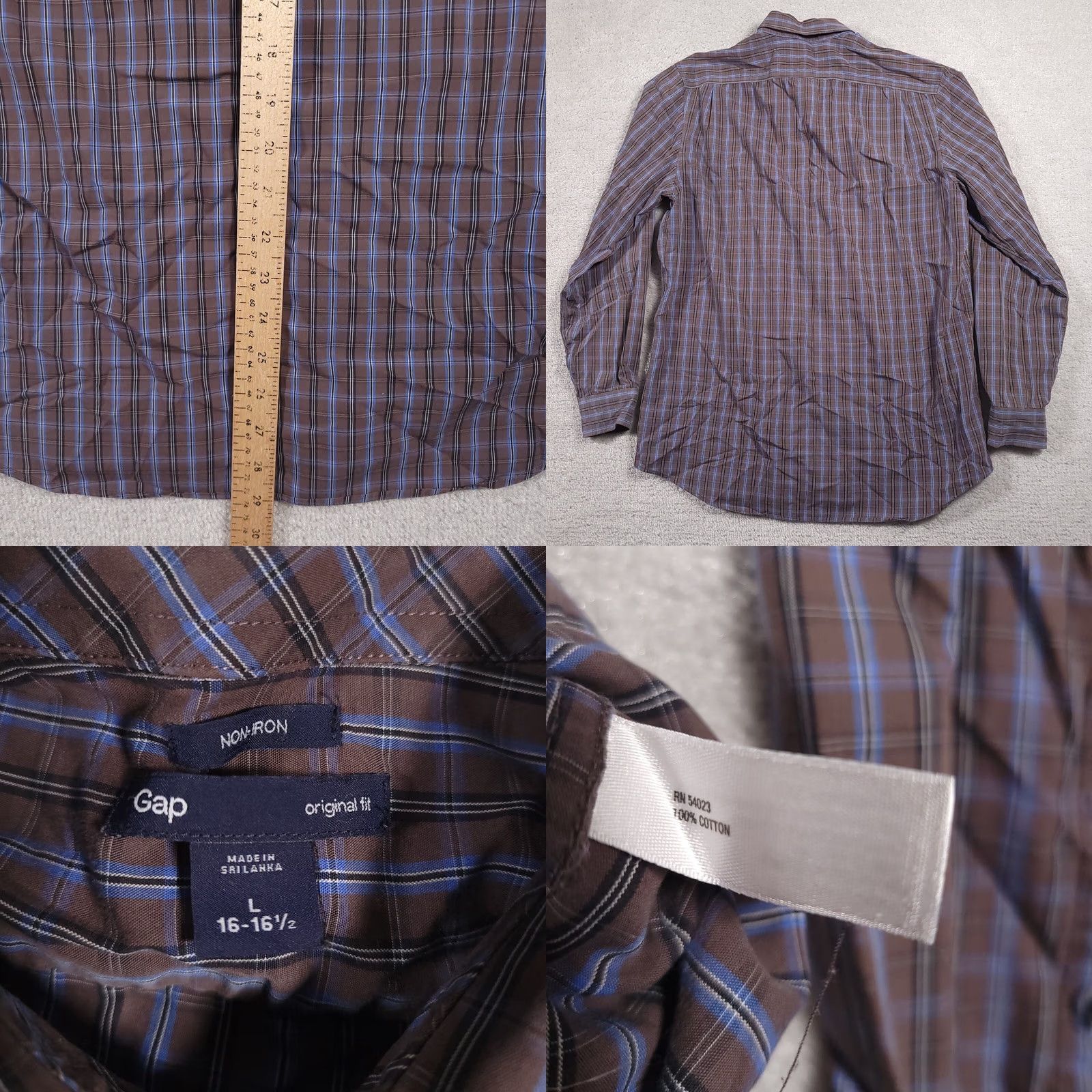 Gap Gap Button Up Shirt Mens Large 16-16.5 Brown Blue Check Long Sleeve Non-Iron Pocket Casual Workwear Shirt Size US L / EU 52-54 / 3 - 8 Thumbnail
