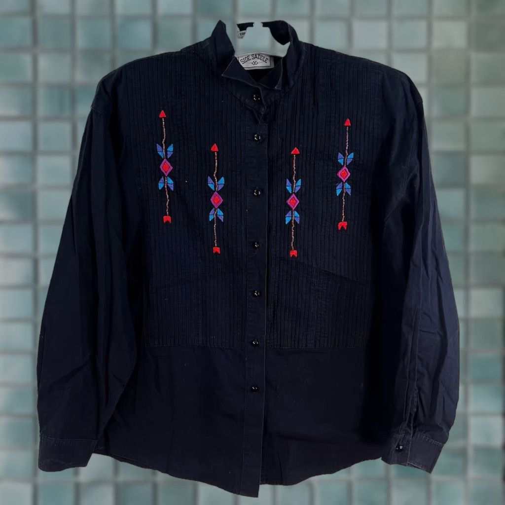 Native Vintage 1990s Side Saddel Native SW Beaded Embroidered Button Shirt Black Large Western Cotton Men Size L / US 10 / IT 46 - 1 Thumbnail