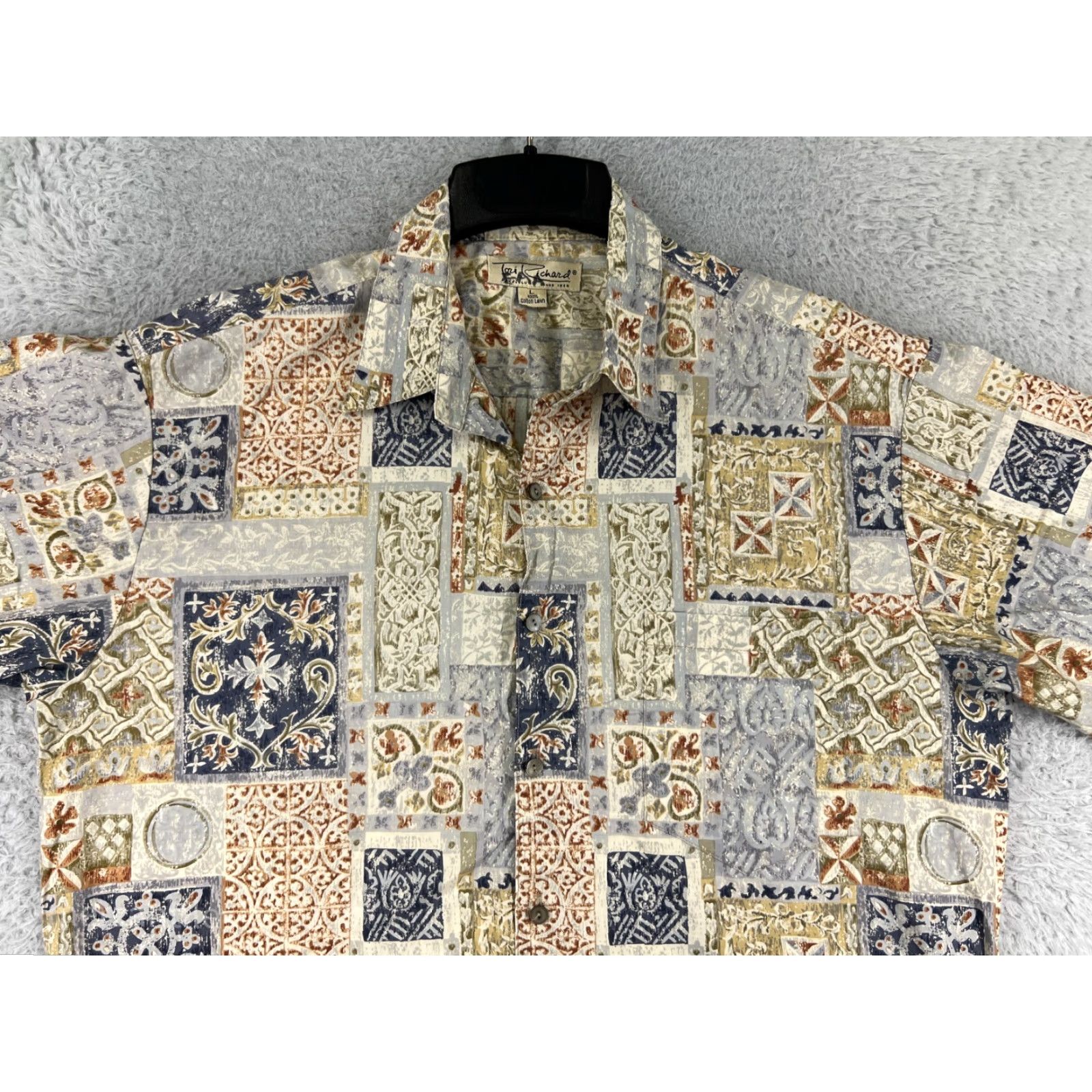 Tori Richard Tori Richard Shirt Mens Large Beige Quilt Pattern Button Up Hawaiian Cotton Lawn Size US L / EU 52-54 / 3 - 4 Thumbnail