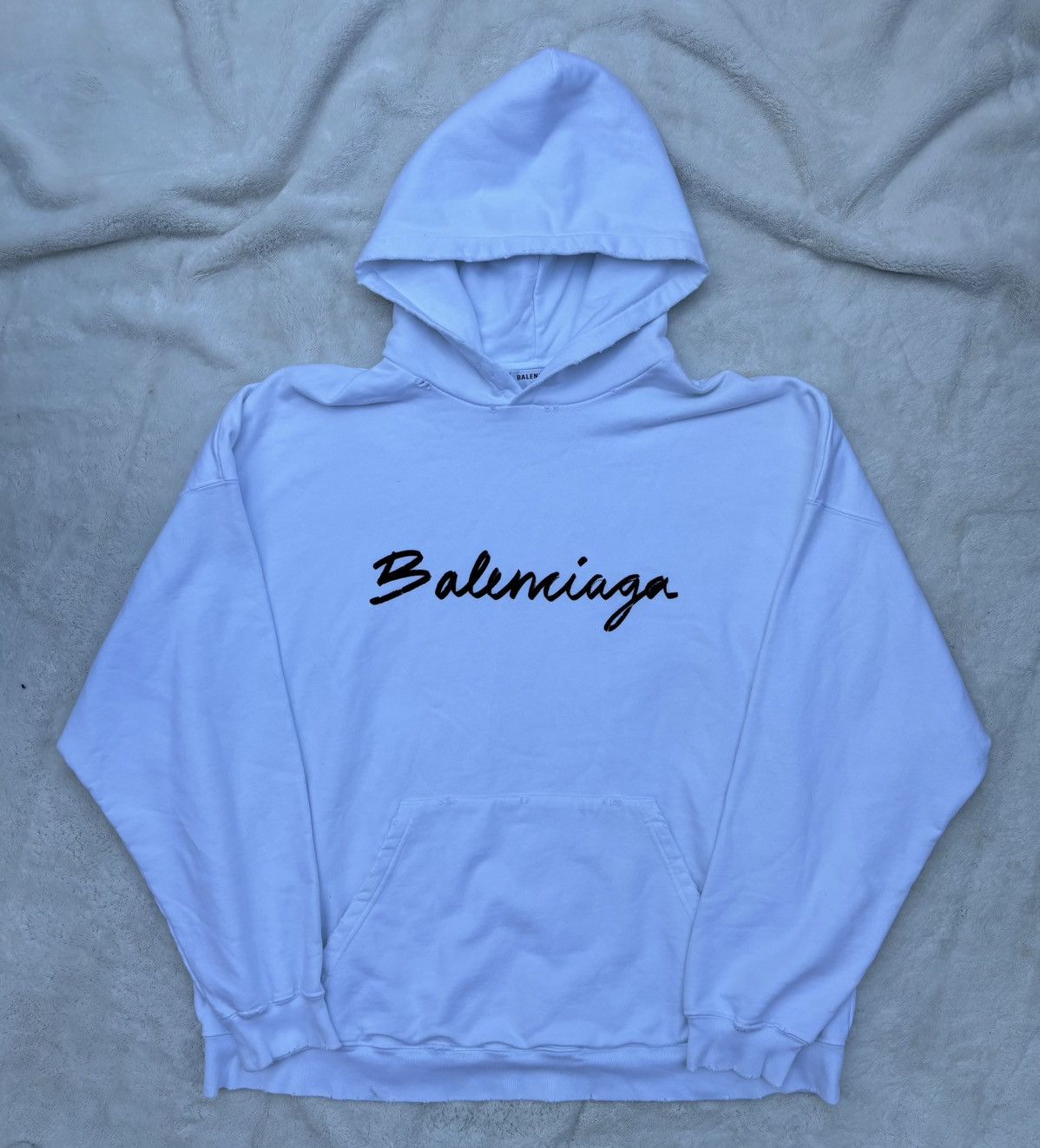 Balenciaga White/Black Distressed Cursive Hoodie