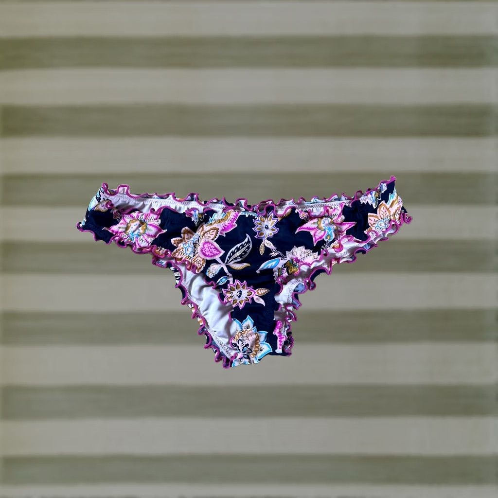 Vintage Shade & Shore Bottom Womens S Blue Bikini Lined Elastic Waist Ruffle Floral Size 28" / US 6 / IT 42 - 1 Thumbnail