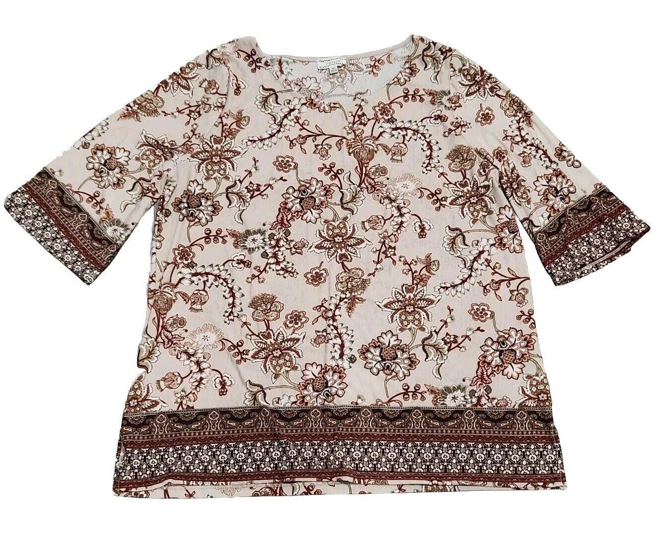 Designer Corvia Blouse 3x Plus Size Nuetral Brown Floral 3/4 Sleeve Size 3XL / US 20-22 - 1 Thumbnail