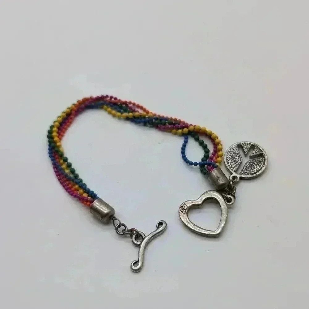 Vintage Rainbow Beaded Heart and Peace Sign Bracelet Size ONE SIZE - 4 Thumbnail