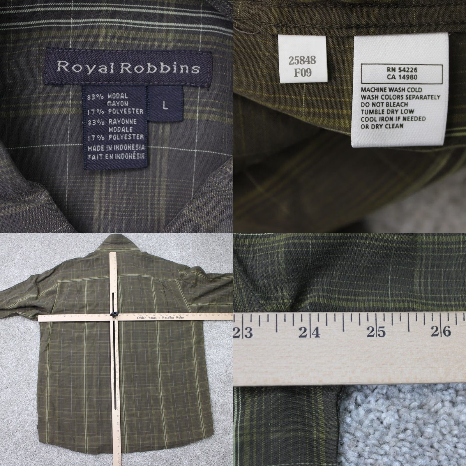 Royal Robbins Royal Robbins Shirt Mens Large Green Modal Rayon/Polyester Blend Long Sleeve Button-Up Collared Pocketed Plaid 83% Modal 17% Polyester Size US L / EU 52-54 / 3 - 8 Thumbnail