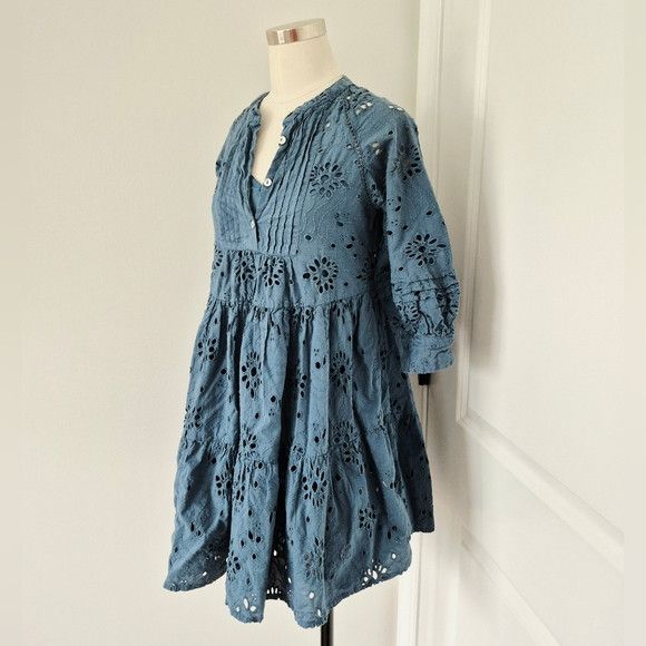Anthropologie dRA Yara Teal 1/2 Button 3/4 Sleeve Eyelet Dress Boho Comfy Size XS / US 0-2 / IT 36-38 - 9 Thumbnail