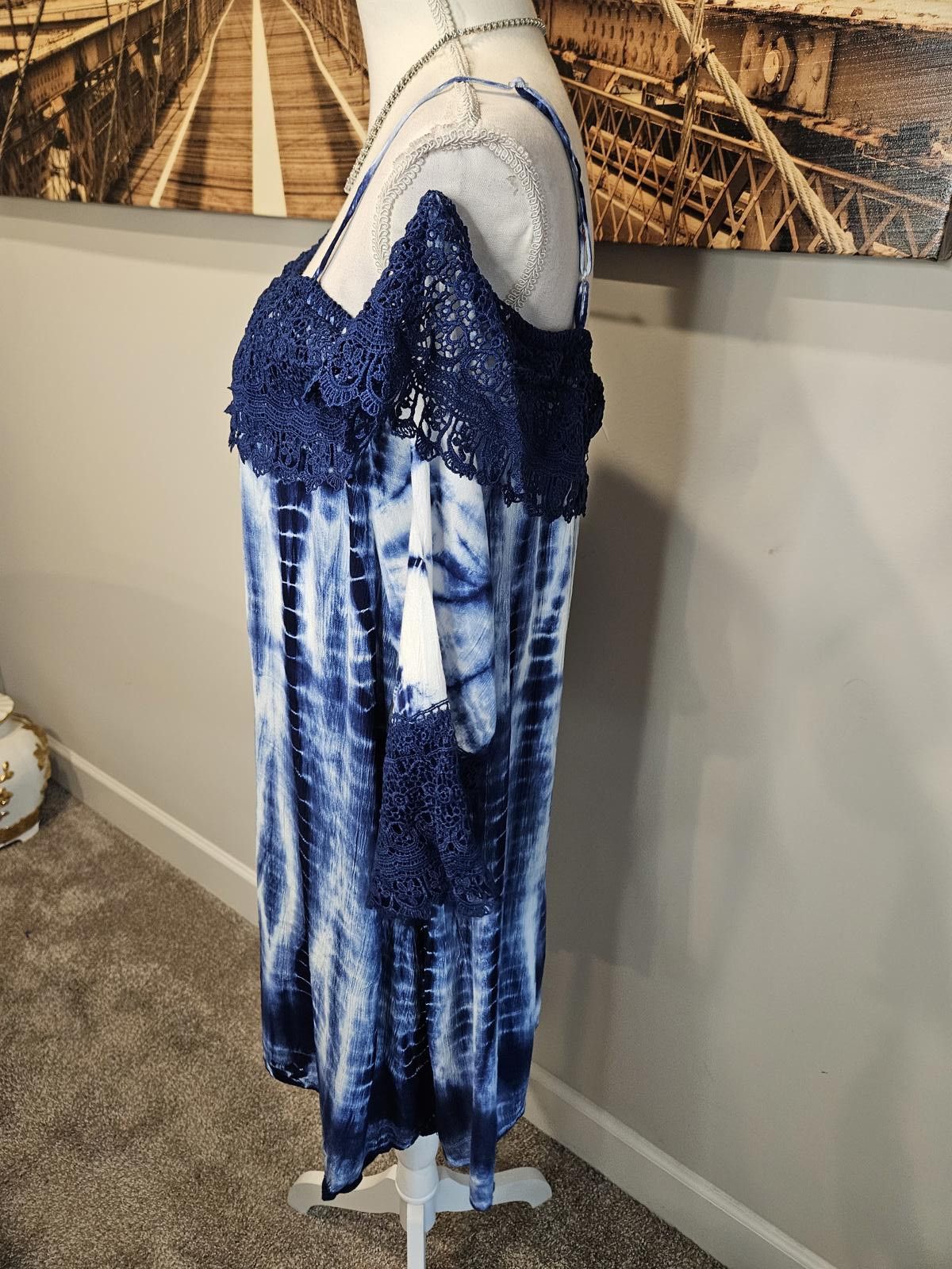 Designer Nwt NYC Navy Tie-Dye Off-Shoulder Coverup with Crochet Trim Size ONE SIZE - 2 Thumbnail