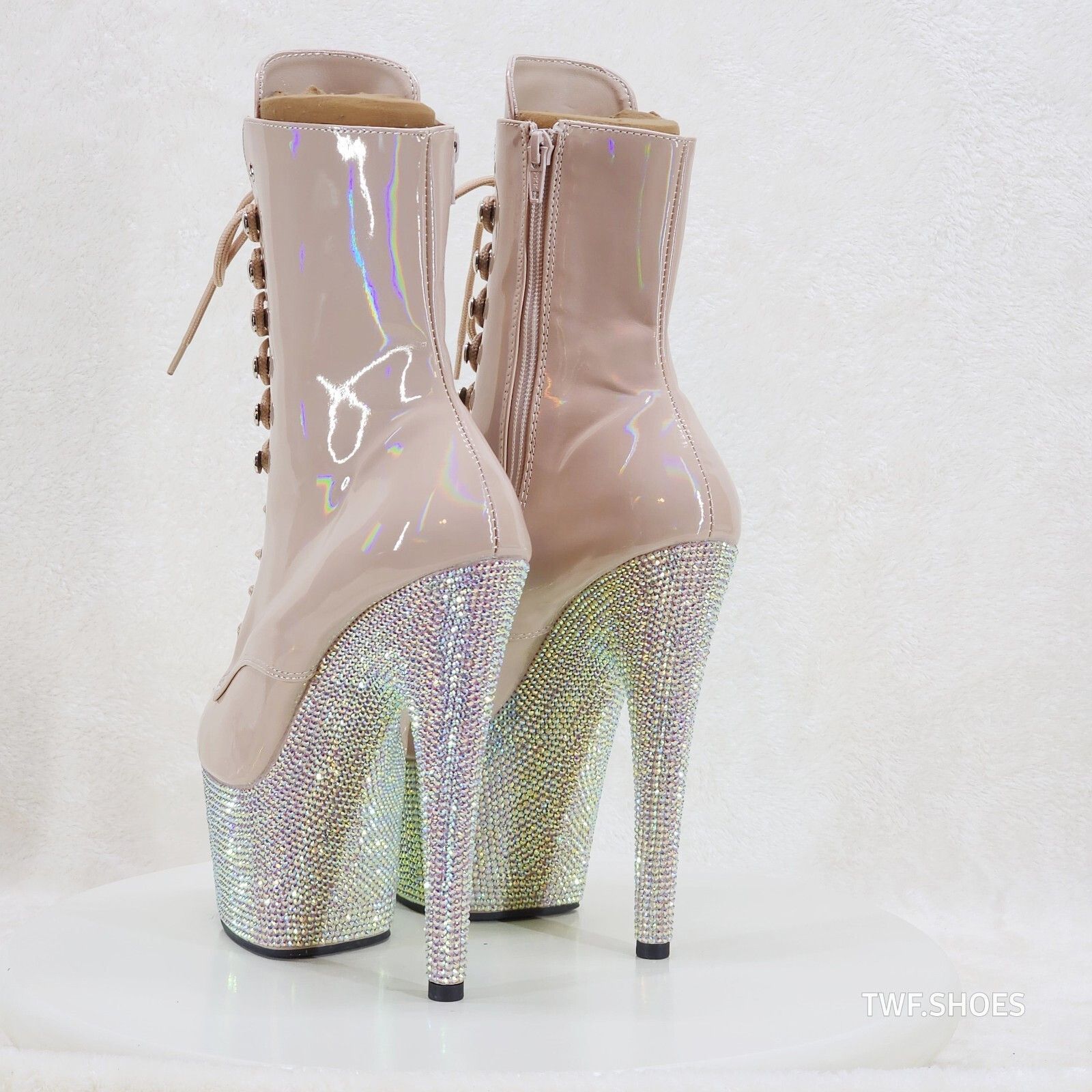 Other Bejeweled Nude Rhinestone Platform Lace Up Ankle Boots 7" Hi Size US 6 / IT 36 - 6 Thumbnail