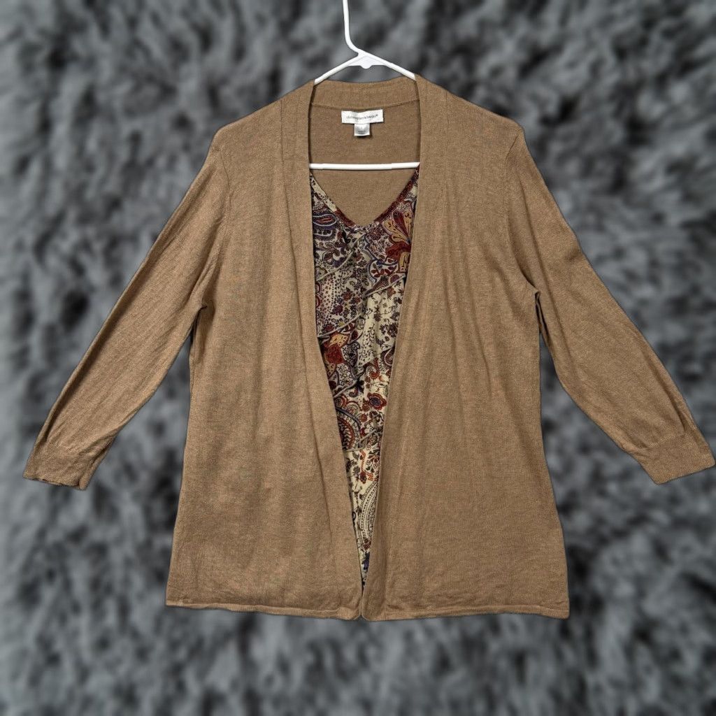 Vintage Christopher & Banks Cardigan Womens Large Tan Paisley Boho Floral Tiered Cardigan Sweater L Womens Knitted Layering Bohemian Casual Size L / US 10 / IT 46 - 1 Thumbnail