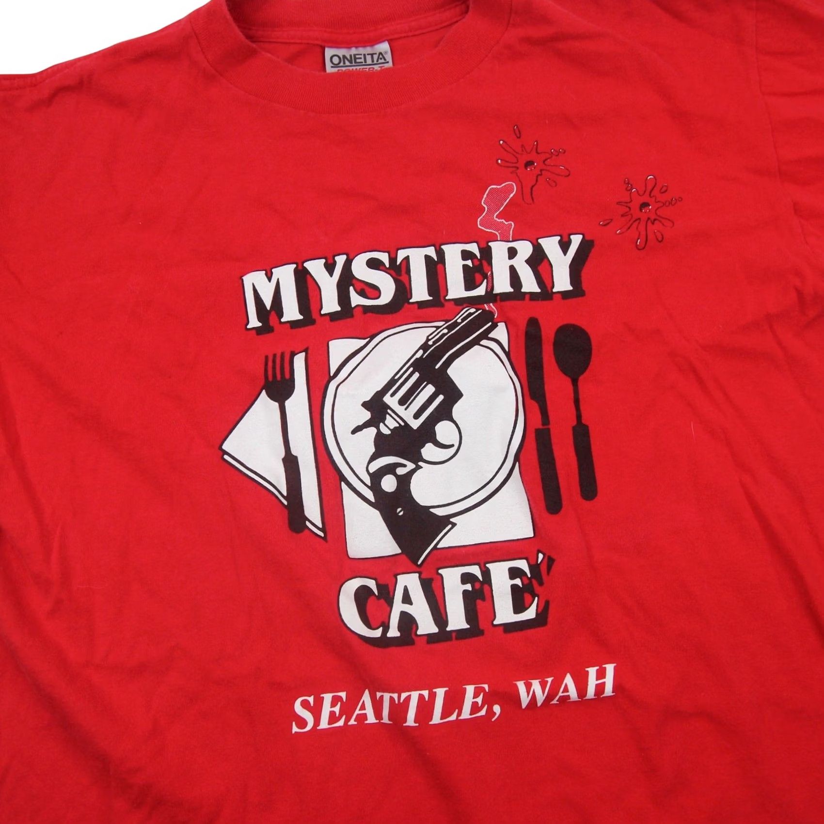 Vintage VINTAGE Mystery Cafe of Seattle Mens T-Shirt L Red Graphic Size US L / EU 52-54 / 3 - 2 Thumbnail