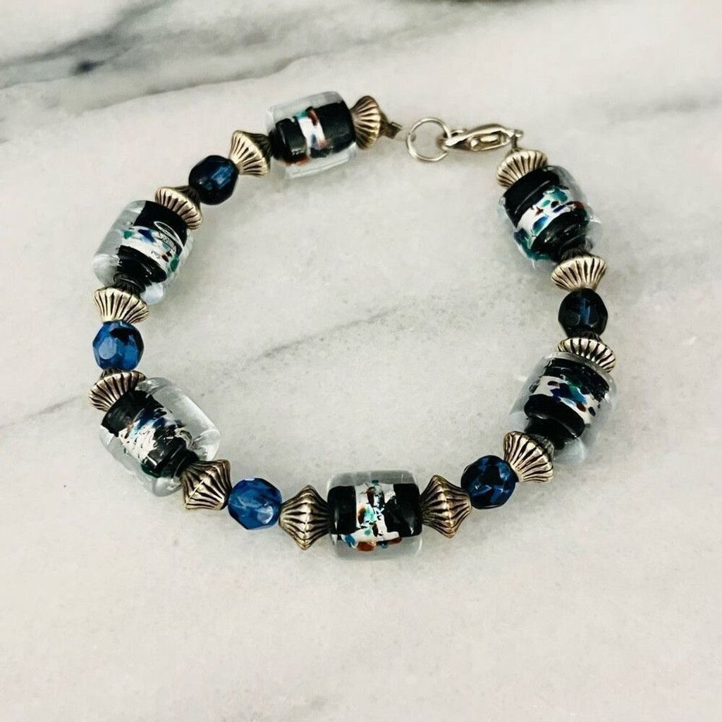 Jewelry Art Glass Beaded Bracelet Blue Silver Black Size ONE SIZE - 1 Thumbnail