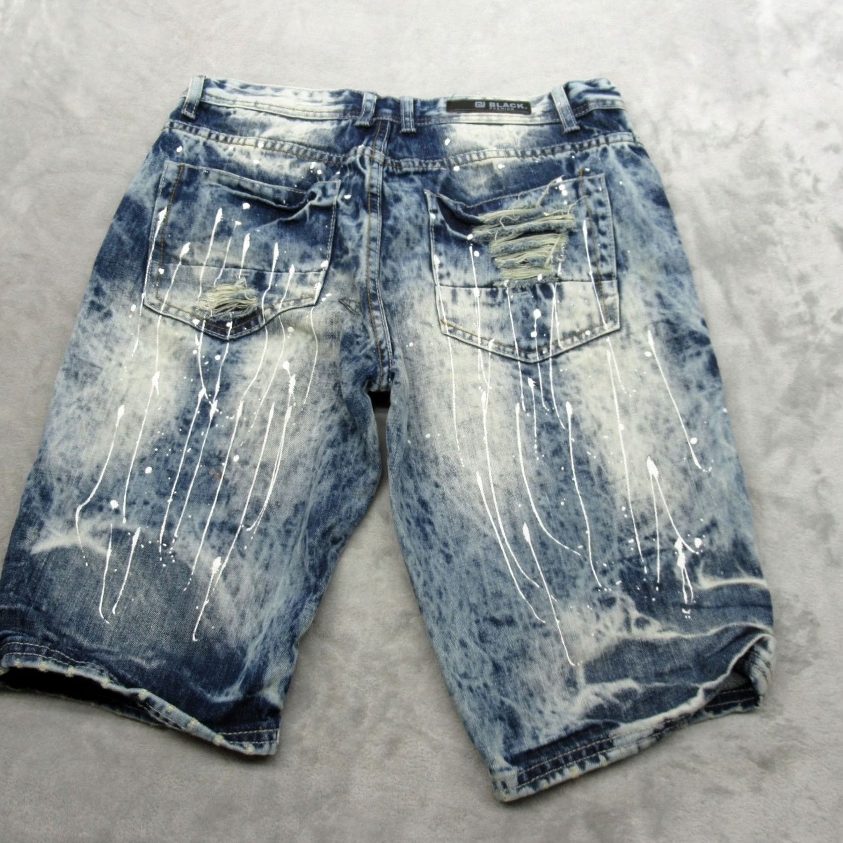 Denime CJ Black Premium Denim Shorts Men 32 Distress Paint Splatter Regular Flat Front Pockets Blue 11in Inseam Adults Mens Size US 32 / EU 48 - 3 Thumbnail