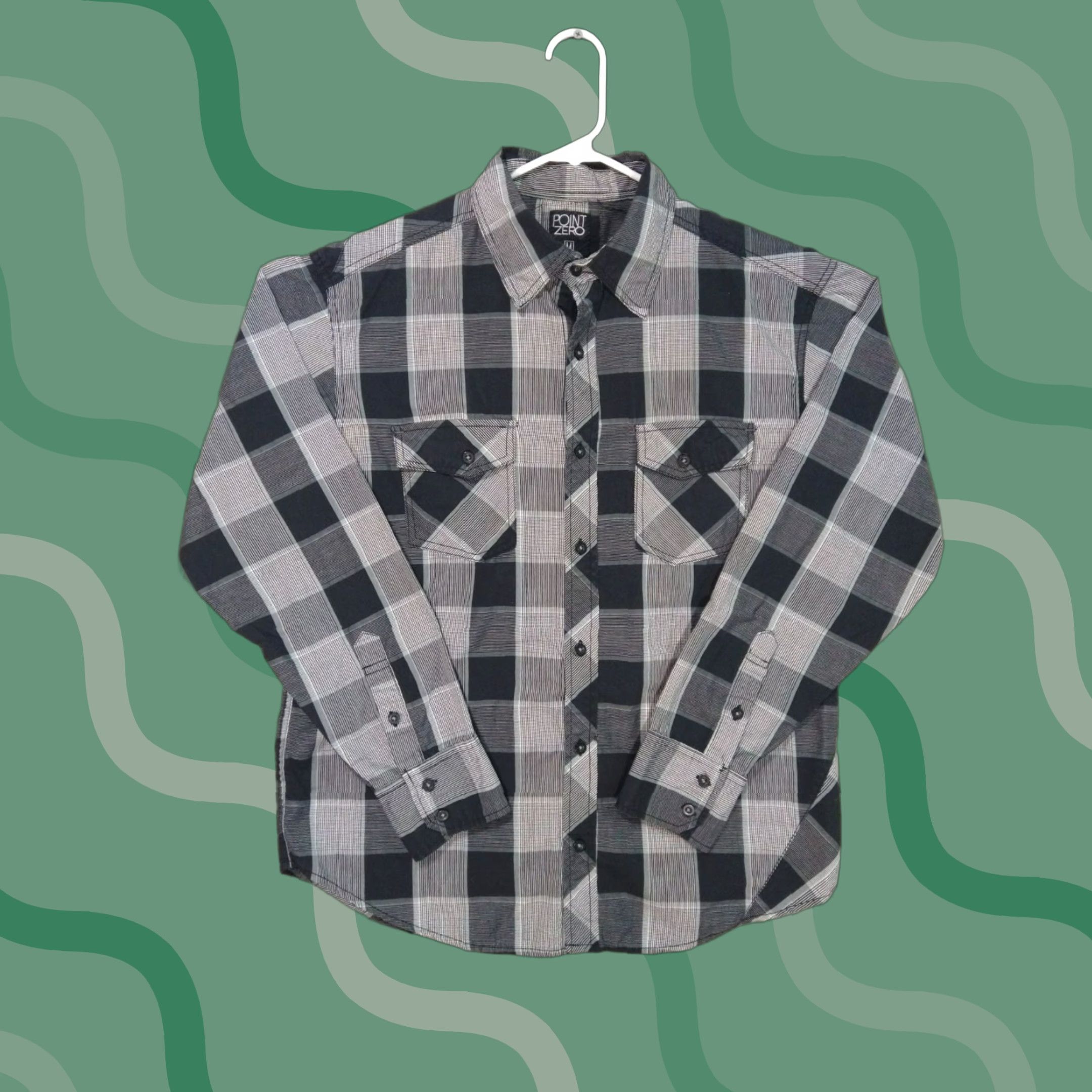 Point Zero Point Zero Shirt Mens Medium Gray Black Plaid Long Sleeve Button Up Pockets Size US M / EU 48-50 / 2 - 1 Thumbnail