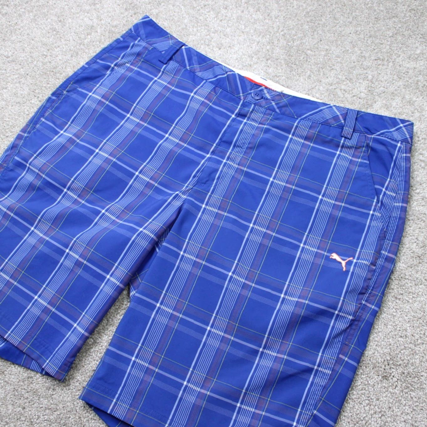 Puma Puma Shorts Mens 40 Blue Check Bermuda Flat Front Poly Stretch Pockets Slim Regular Inseam 11in Sports Casual Summer Spring Fall Size US 40 / EU 56 - 2 Thumbnail