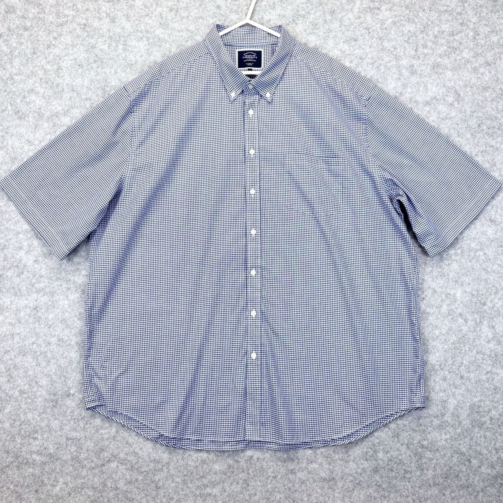 Charles Tyrwhitt Charles Tyrwhitt Check Shirt 3XL Navy White Button-Down Non Iron Mens Short Sleeve Casual Business Formal Vintage No Size US XXL / EU 58 / 5 - 2 Thumbnail