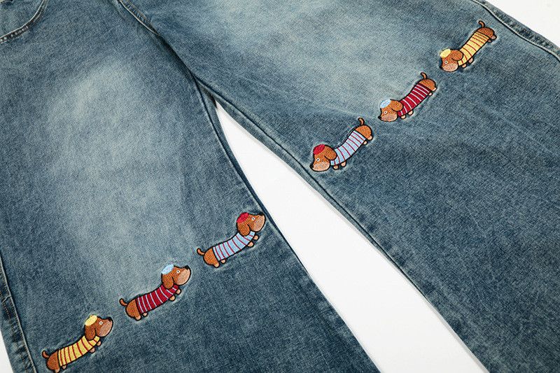 Jean Retro dachshund embroidered washed curved jeans for men Size US 34 / EU 50 - 4 Thumbnail