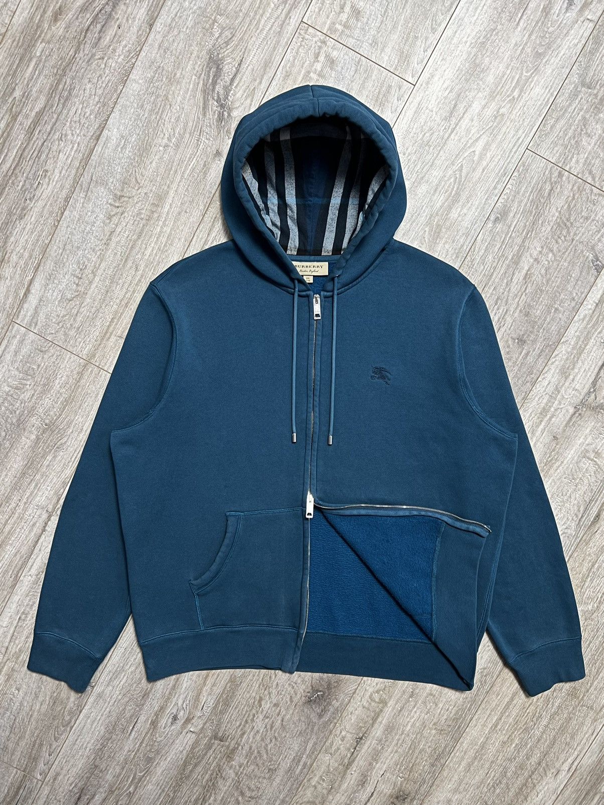 image of Burberry London Hoodie Zip Logo Blue Nova Check , Men's (Size 2XL)