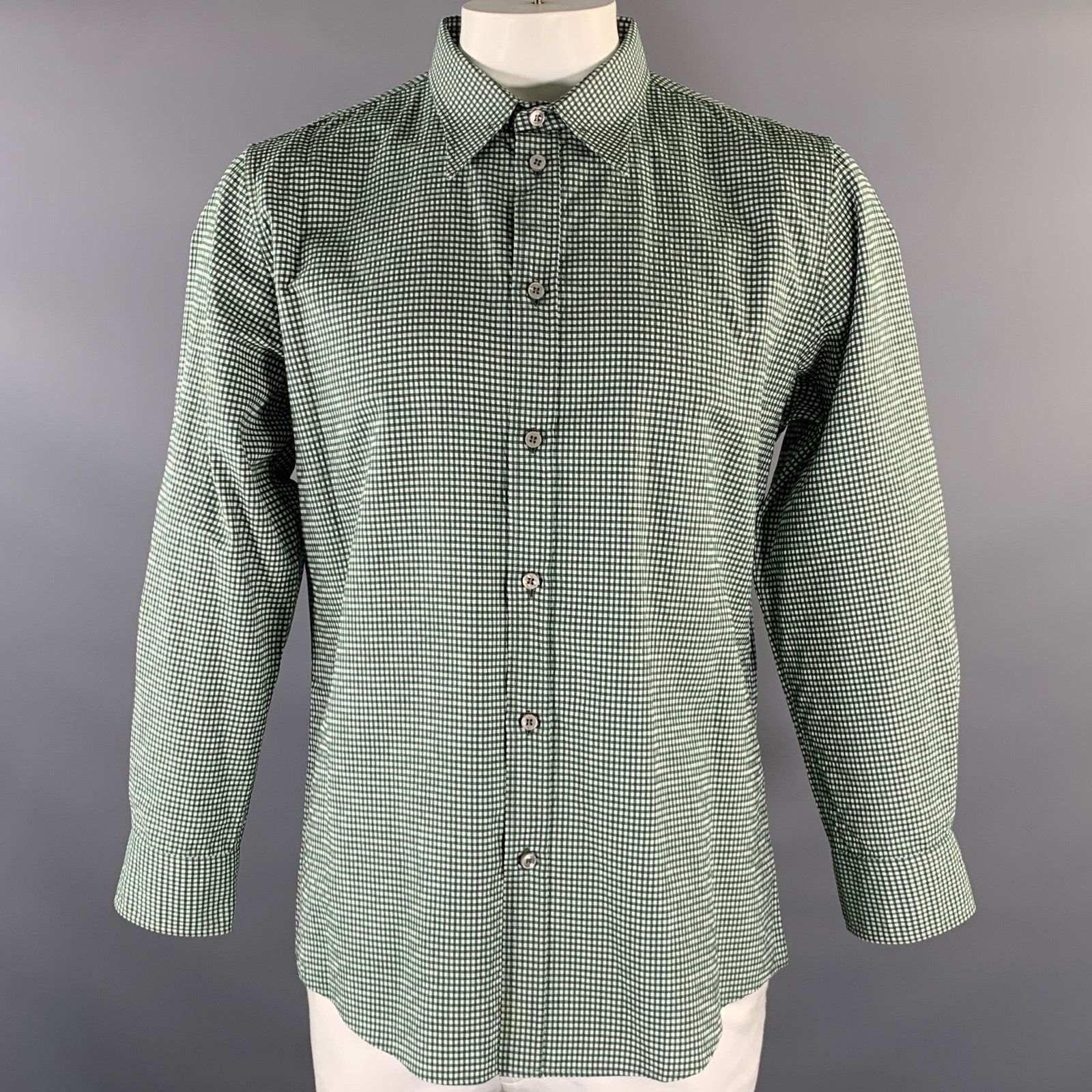 Bottega Veneta BOTTEGA VENETA Green White Gingham Cotton Long Sleeve Shirt Size US XL / EU 56 / 4 - 1 Thumbnail