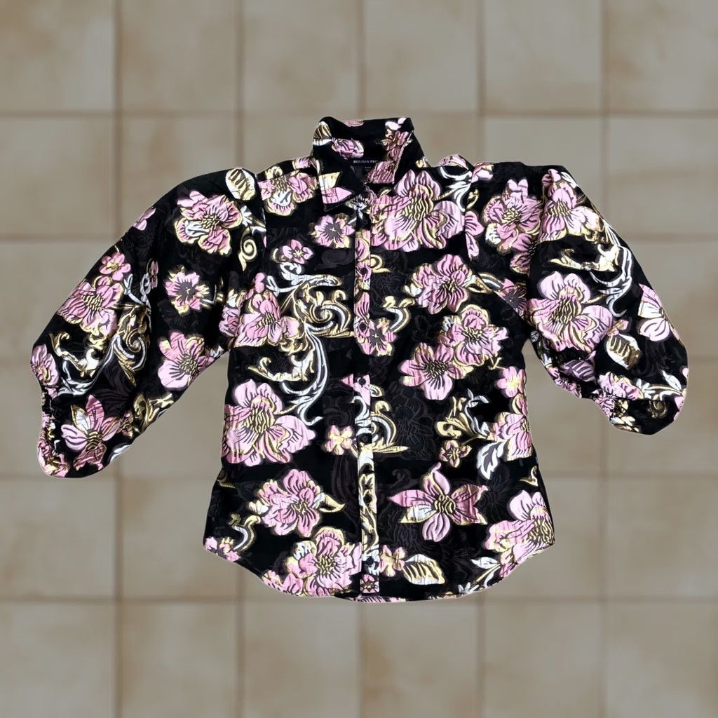 Boston Proper Boston Proper Shirt Women's MED Black Floral Embroidered Button-Up Top Size M / US 6-8 / IT 42-44 - 1 Thumbnail