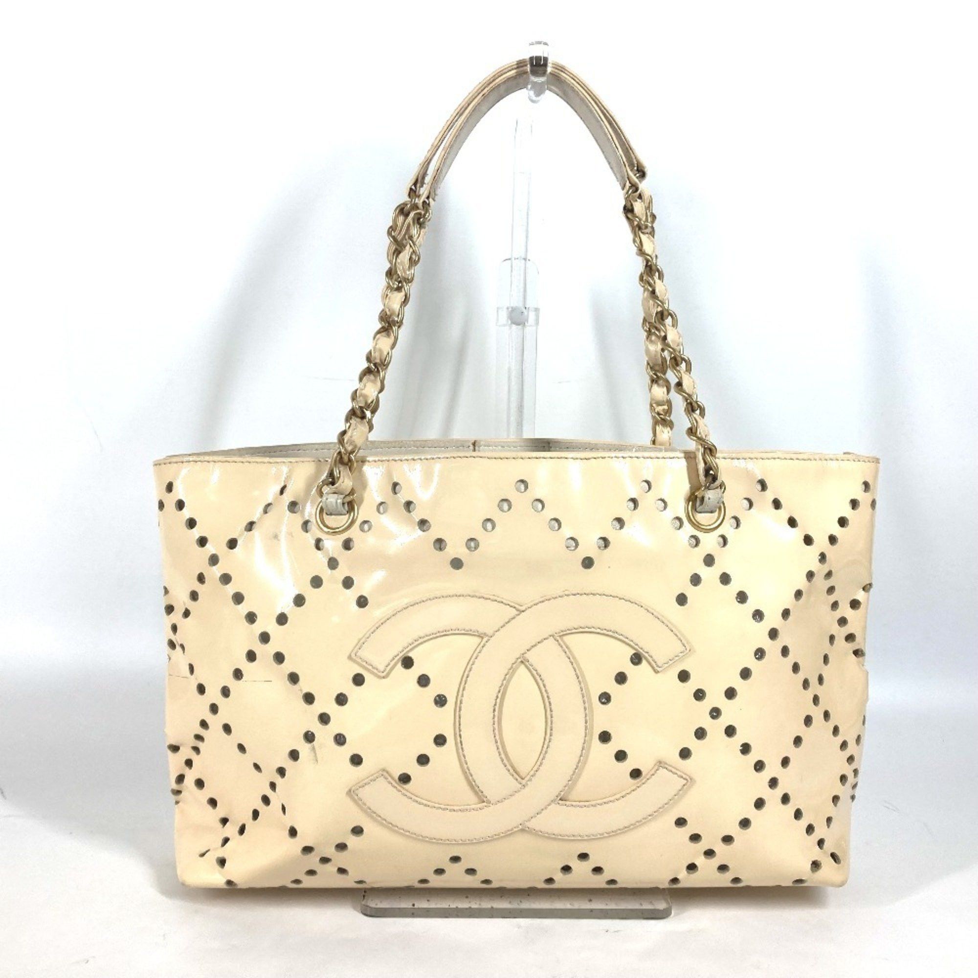 Chanel Tote Bag CC Punching Chain Shoulder Enamel Women's Ivory