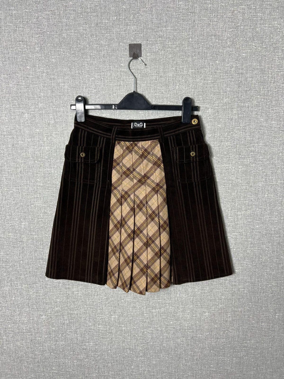 Vintage 90s Dolce Gabbana Brown Corduroy Pleated Plaid Skirt
