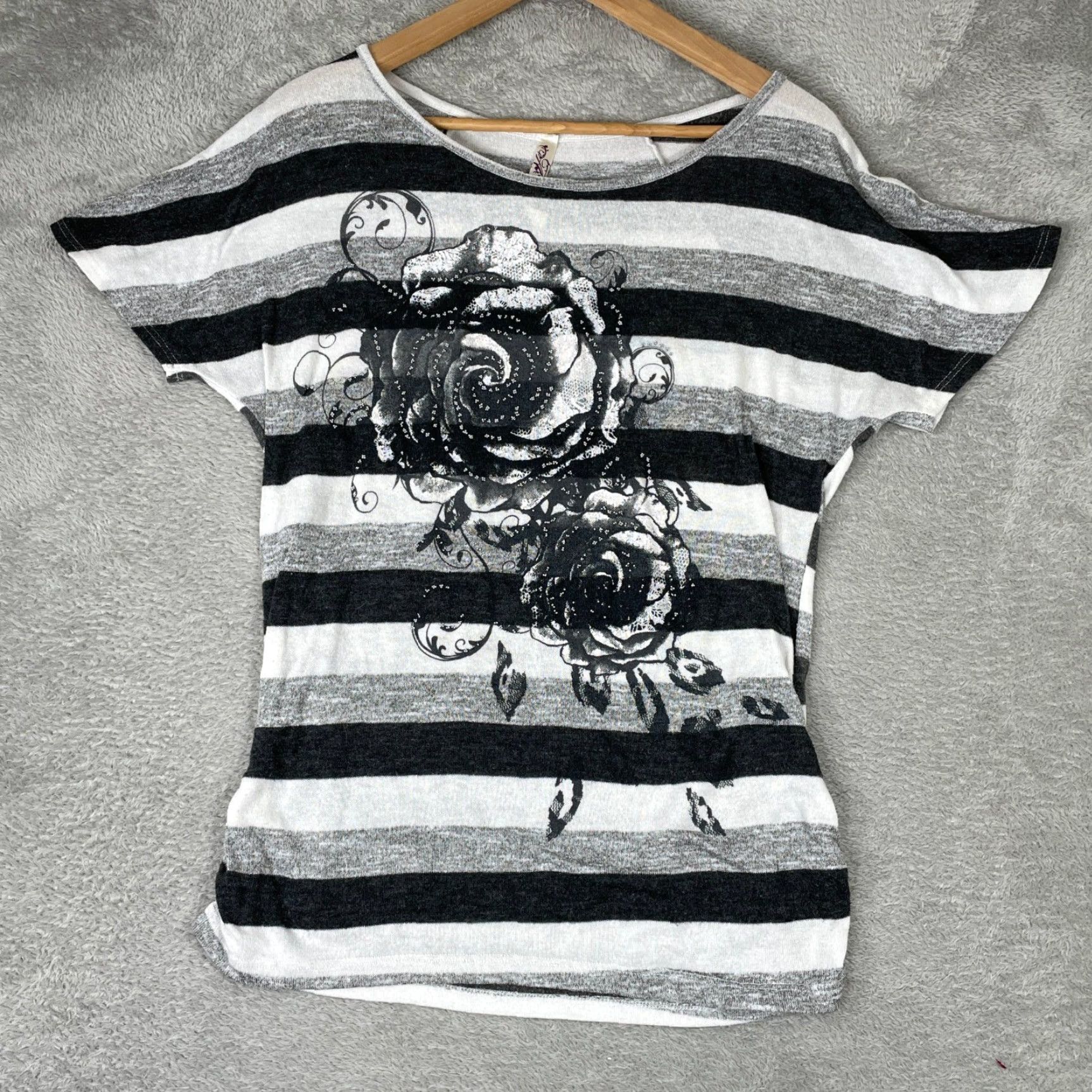 Vintage Andrea Missy Shirt Womens Large Gray Striped Floral Glitter Y2K Top Mcbling Size L / US 10 / IT 46 - 2 Thumbnail