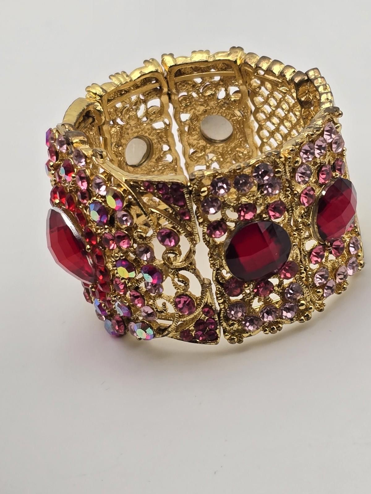 Pink Vintage Gold Tone Cuff Bracelet Pink/Red Rhinestones Baroque Size ONE SIZE - 4 Thumbnail