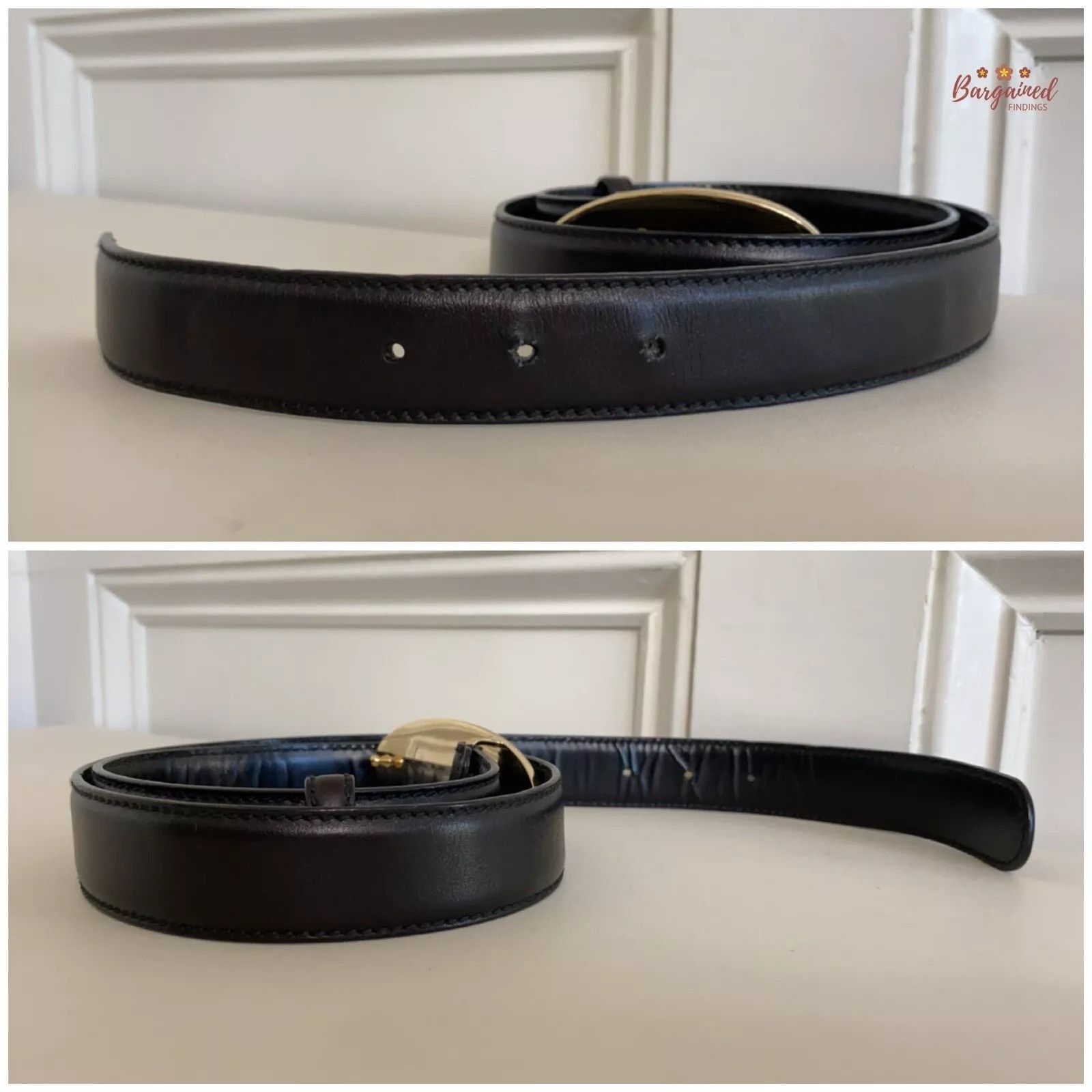 Gucci GUCCI Black Calfskin Leather Gold Script Oval Buckle Belt Size 32 - 7 Thumbnail