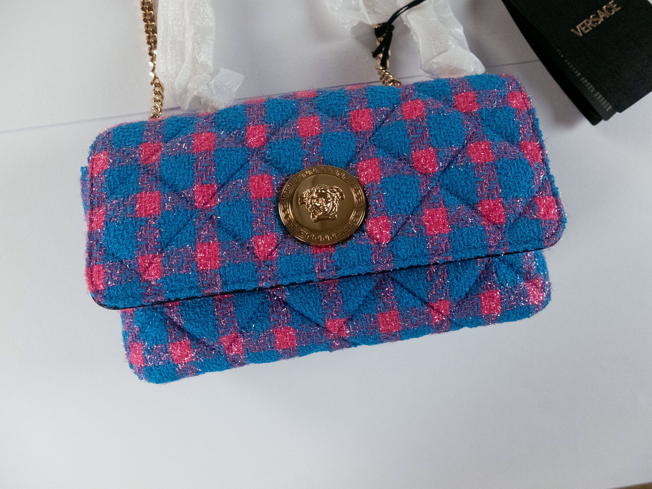 Versace VERSACE La Medusa pink blue tweed chain strap shoulder bag Size ONE SIZE - 4 Thumbnail