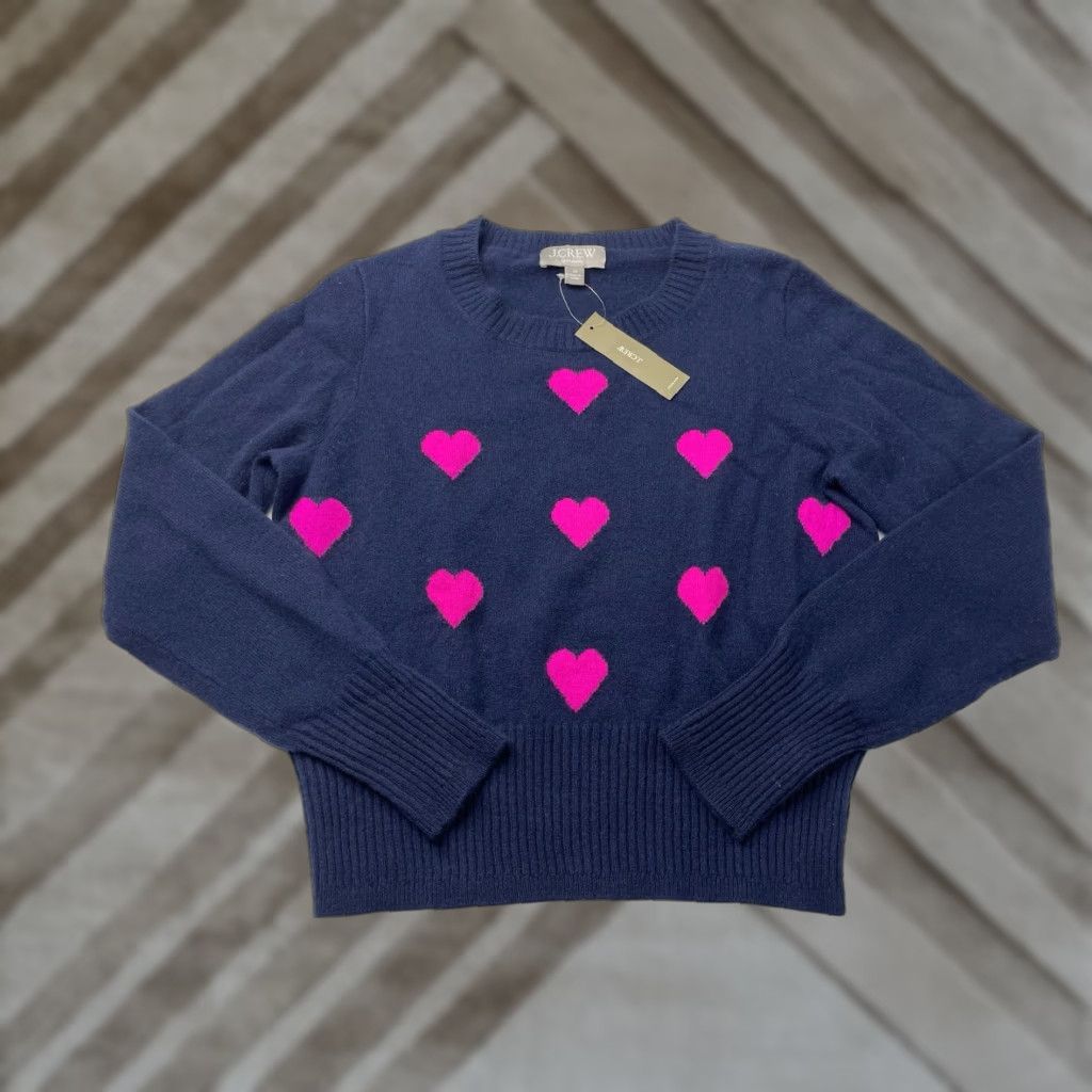 J.Crew NWT J.Crew Crewneck Sweater XS Navy Fuchsia Heart Print Cashmere Knit Women Pullover Size XS / US 0-2 / IT 36-38 - 1 Thumbnail