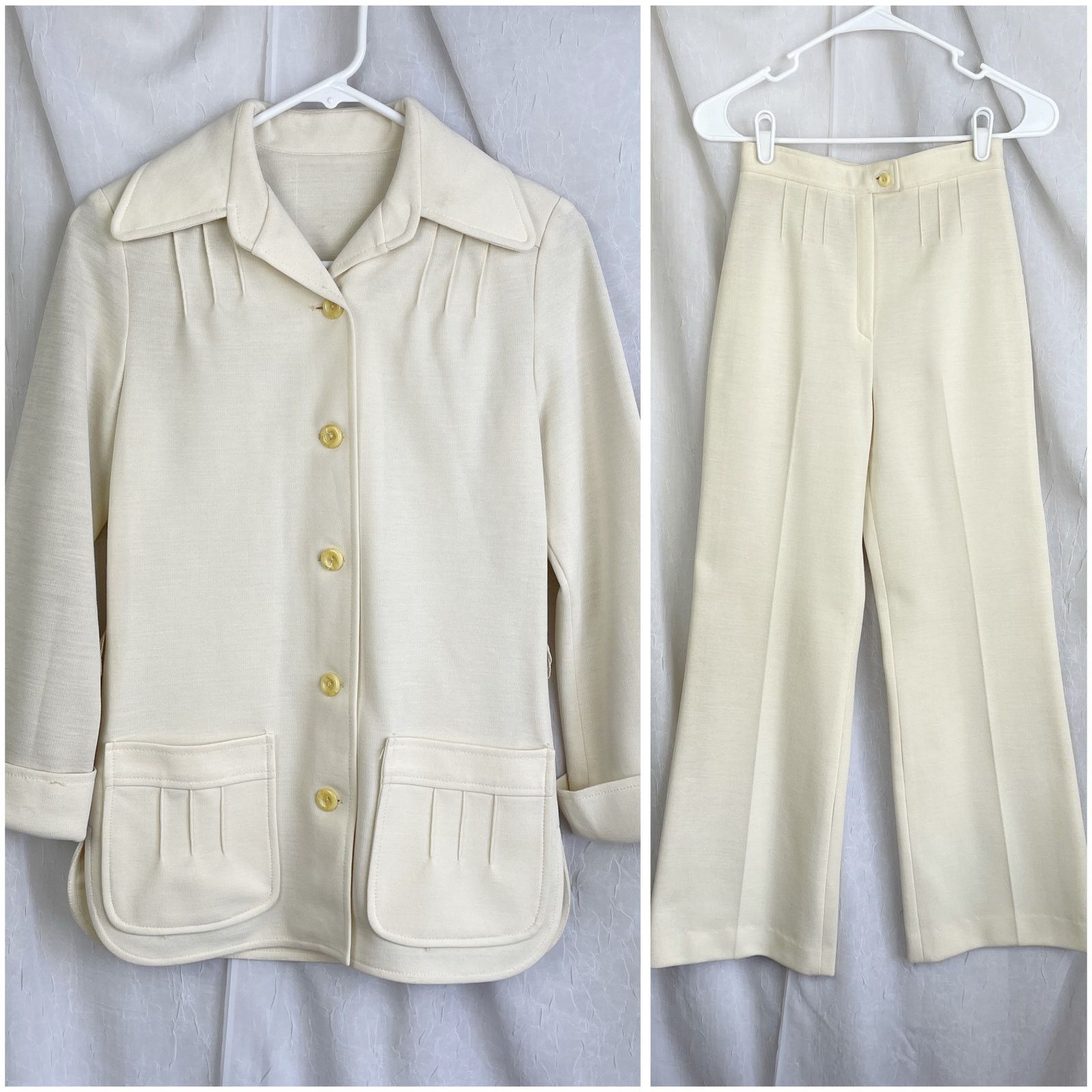 Vintage VTG 70’s Cream Blazer Jacket & High Waist Pants Suit Set XS Size 24" / US 00 / IT 34 - 1 Thumbnail