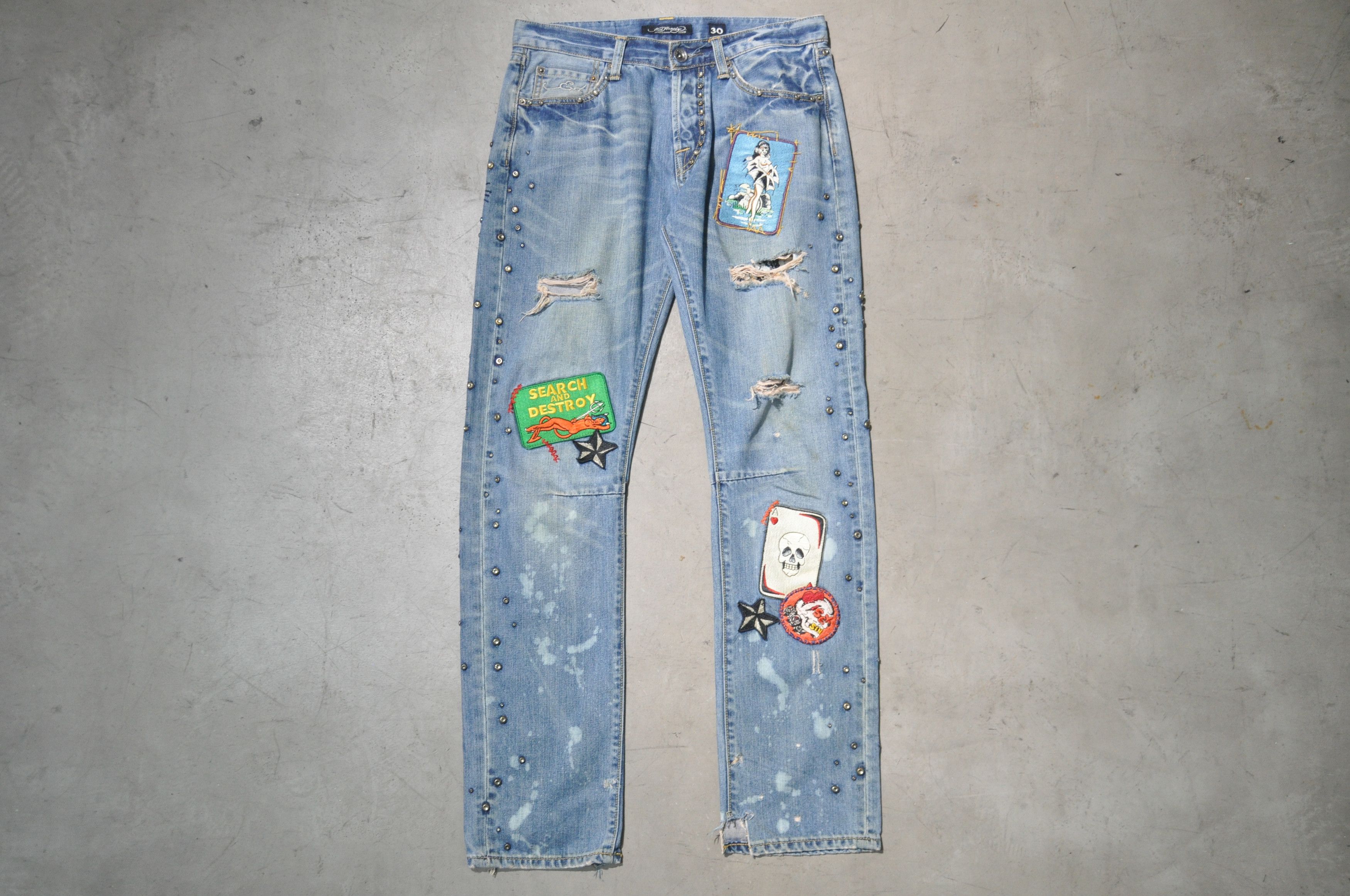 image of Ed Hardy - Studded Multi-Patch Denim Jean, Men's (Size 30)