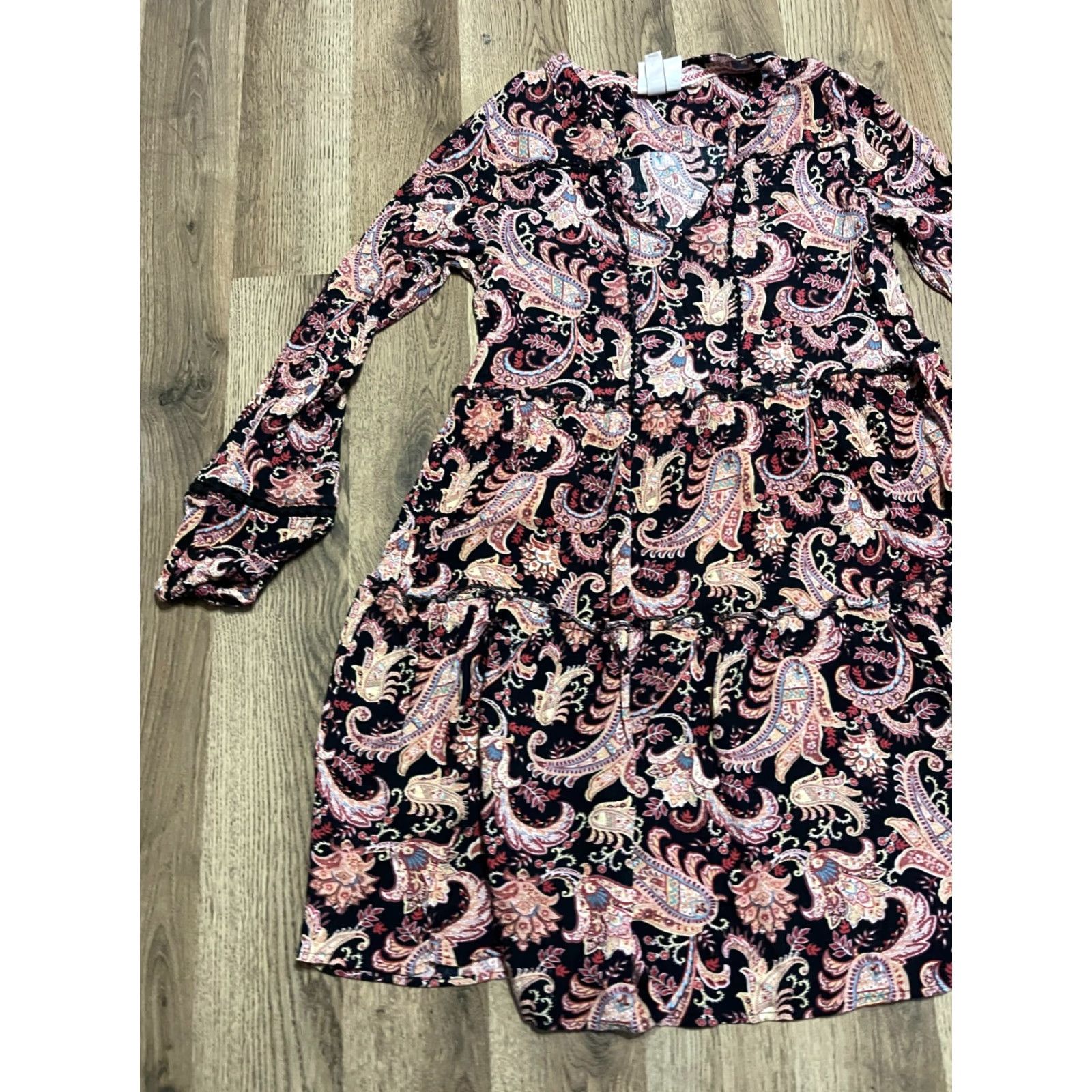 Vintage Knox Rose Dress Womens XS Pink Black Paisley V-Neck Long Sleeve A-Line Knee Length Size XS / US 0-2 / IT 36-38 - 3 Thumbnail