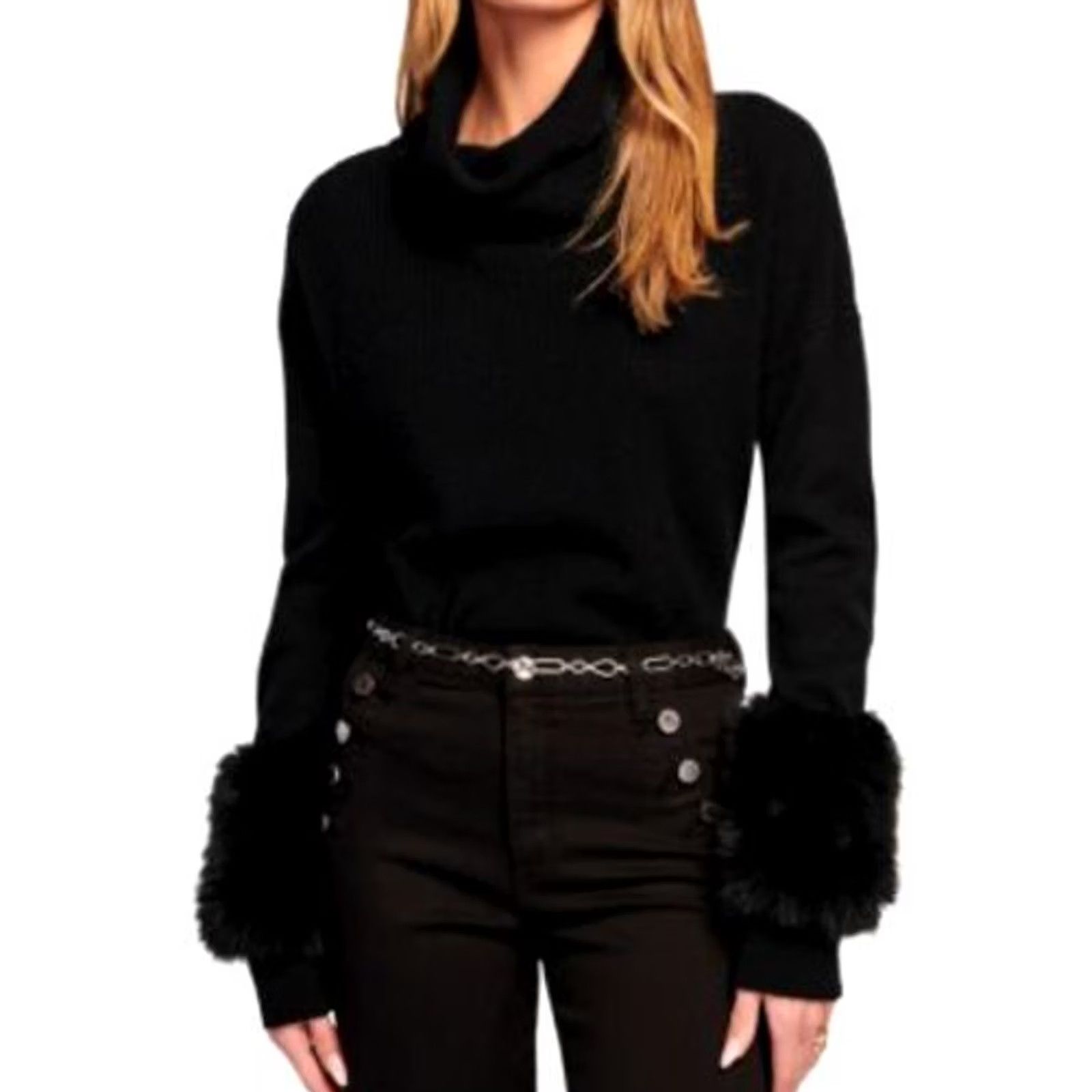 Ramy Brook Ramy Brook Sweater Womens L Black Faux Fur Trim Ribbed Wool Knit Pullover Long Sleeve Turtleneck Casual Womens Size L / US 10 / IT 46 - 2 Thumbnail