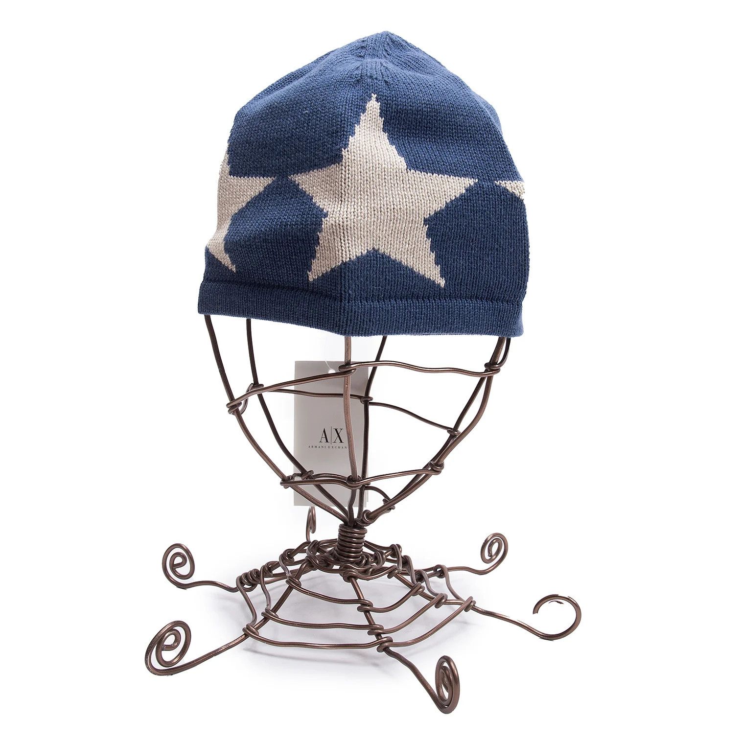 Armani Cotton Rayon Star Jacquard Beanie in Blue Beige Size ONE SIZE - 2 Thumbnail