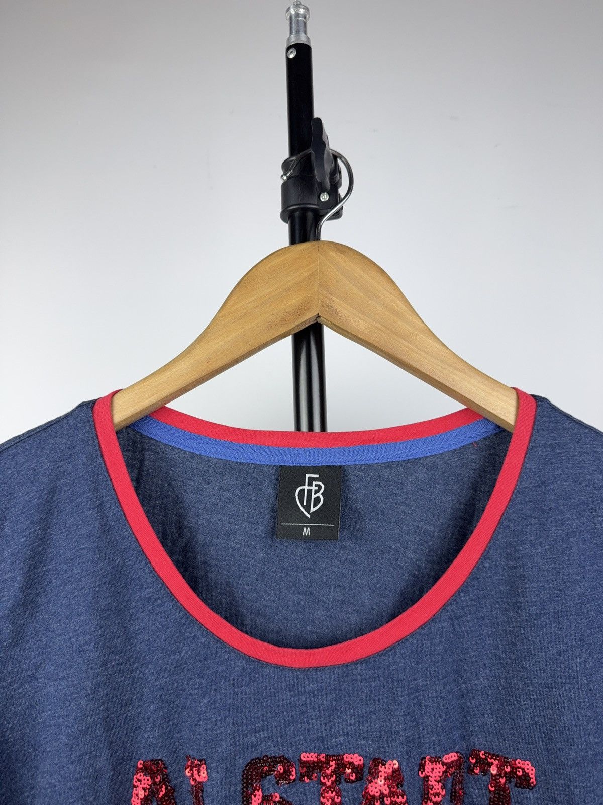 Vintage FB Basel 1893 Sequined Graphic Tee Navy Red Trim Y2K Glam Size M / US 6-8 / IT 42-44 - 2 Thumbnail
