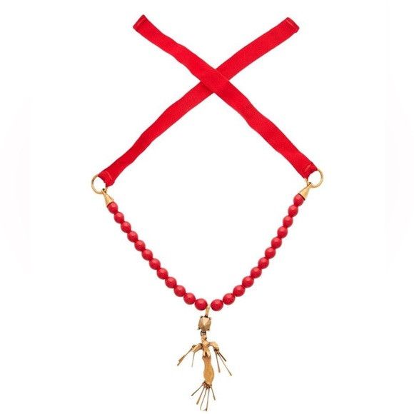 Valentino Red Beaded Ribbon Necklace with Gold Pendant Size ONE SIZE - 1 Thumbnail