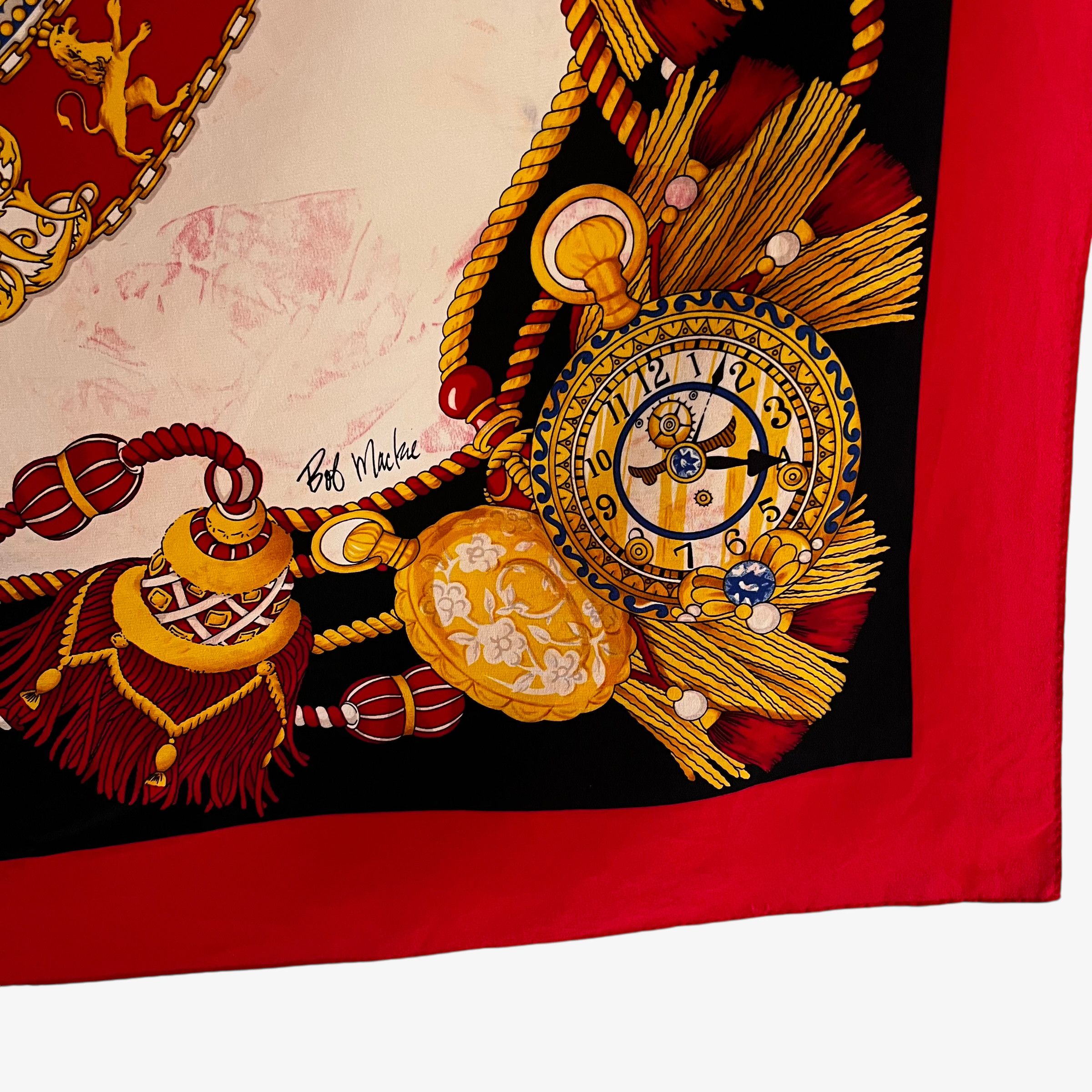 Bob Mackie Vintage 90s Bob Mackie Clock Print Red Silk Scarf Size ONE SIZE - 6 Thumbnail