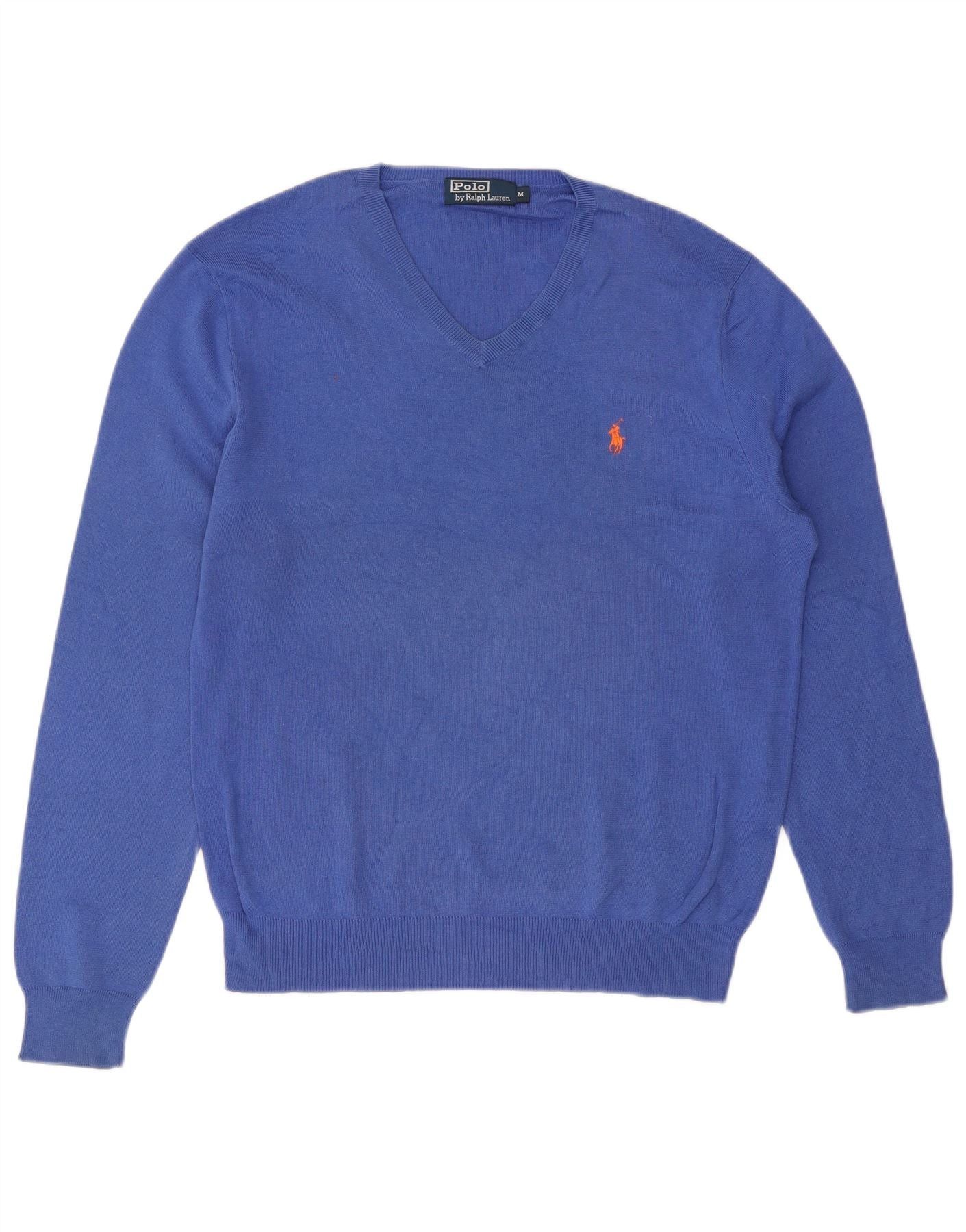 Polo Ralph Lauren Mens V-Neck Jumper Sweater Medium Blue Cotton Size US L / EU 52-54 / 3 - 1 Thumbnail