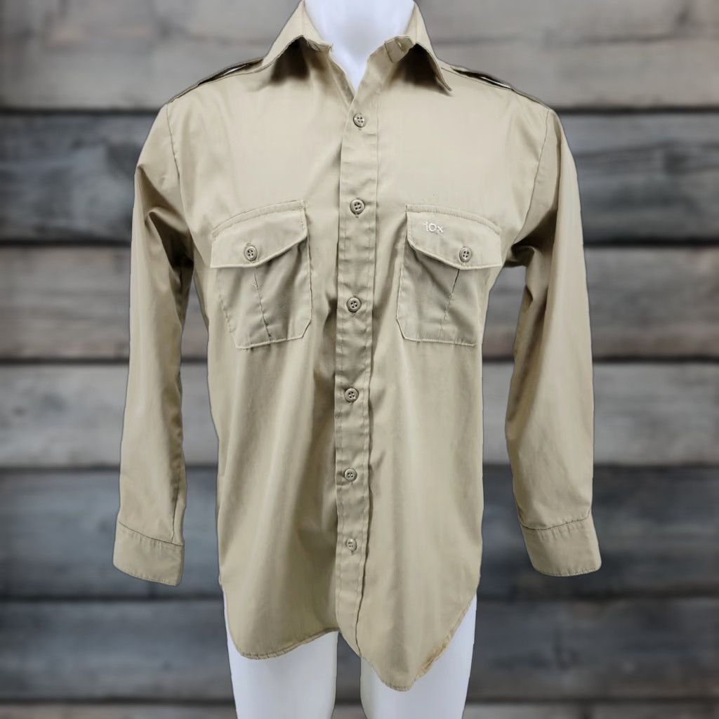 Vintage 10X Shirt Long Sleeve Tan Khaki Button-Front Canvas Polyester Beig​e Beige Casual Men Size L Vintage: No Mens Size US L / EU 52-54 / 3 - 1 Thumbnail
