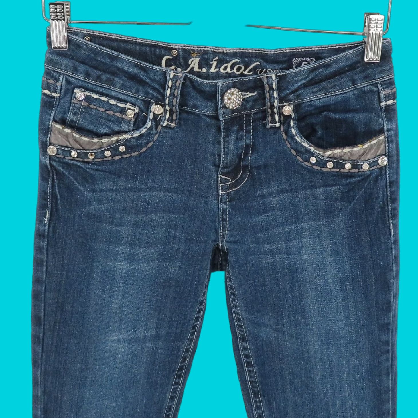 Denime LA Idol Jeans Bootcut Denim 5 Juniors Low Rise Rhinestone Blue 5-Pocket Regular Womens Vintage: No Size 27" / US 4 / IT 40 - 1 Thumbnail