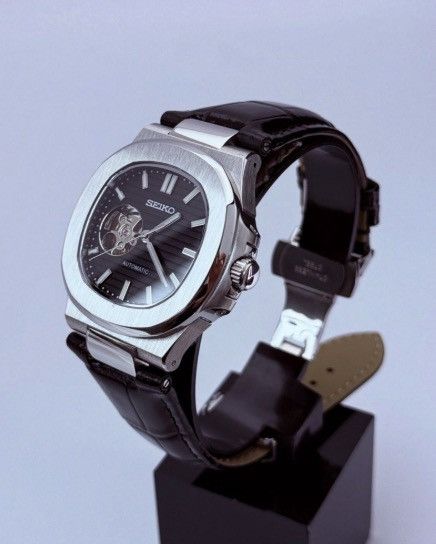Japanese Brand Seiko Mod Nautilus Black Open Dial Steel Watch Leather 41mm Size ONE SIZE - 3 Thumbnail