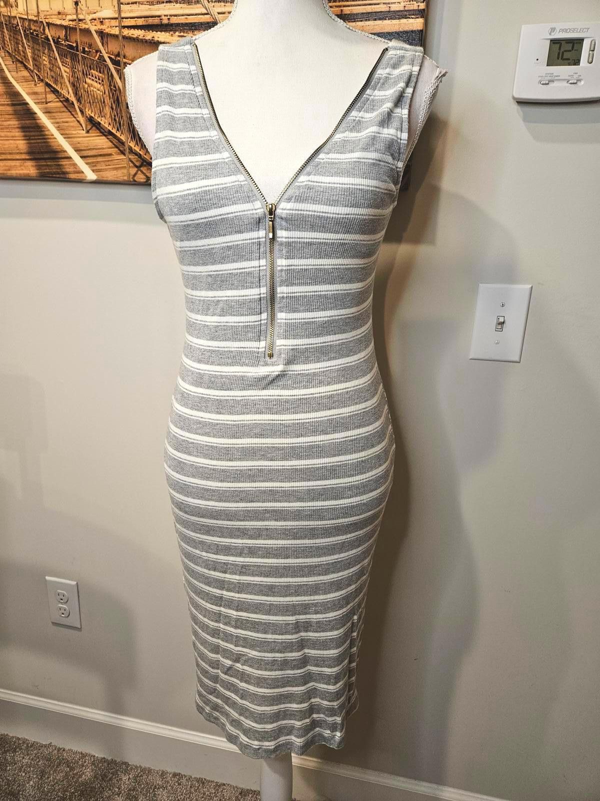 Designer Papaya Stylish Striped Zip-Front Ribbed Dress #107 Size L / US 10 / IT 46 - 1 Thumbnail