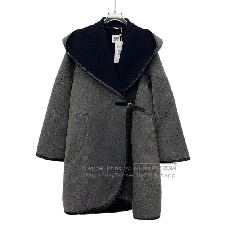 Hermes Hermes Gray Wool Lamb Skin Trimmed Hooded Long Sleeve Coat Size XXS / US 00 / IT 34 - 1 Thumbnail