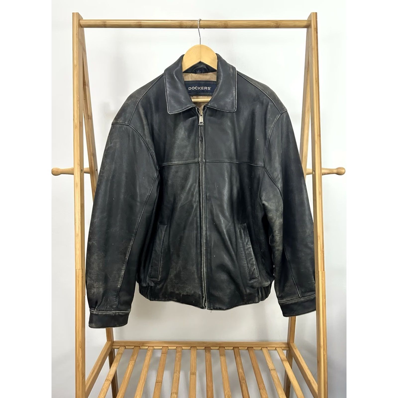 Dockers VTG Dockers Leather Bomber Jacket M Black Weathered Faded Distressed 90s Mens Jacket Size US M / EU 48-50 / 2 - 2 Thumbnail