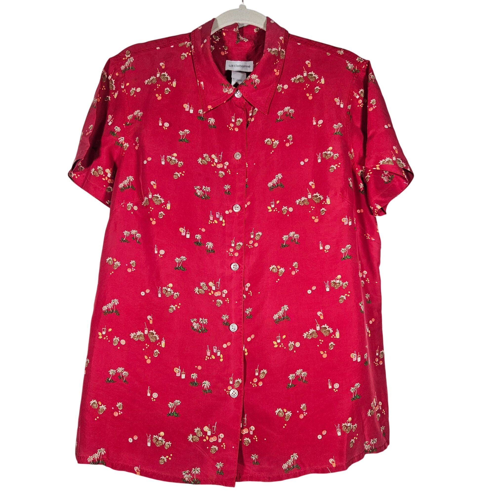 Liz Claiborne Liz Claiborne Women 100% Silk Red Short Sleeve Shirt Tropica Size L / US 10 / IT 46 - 2 Thumbnail