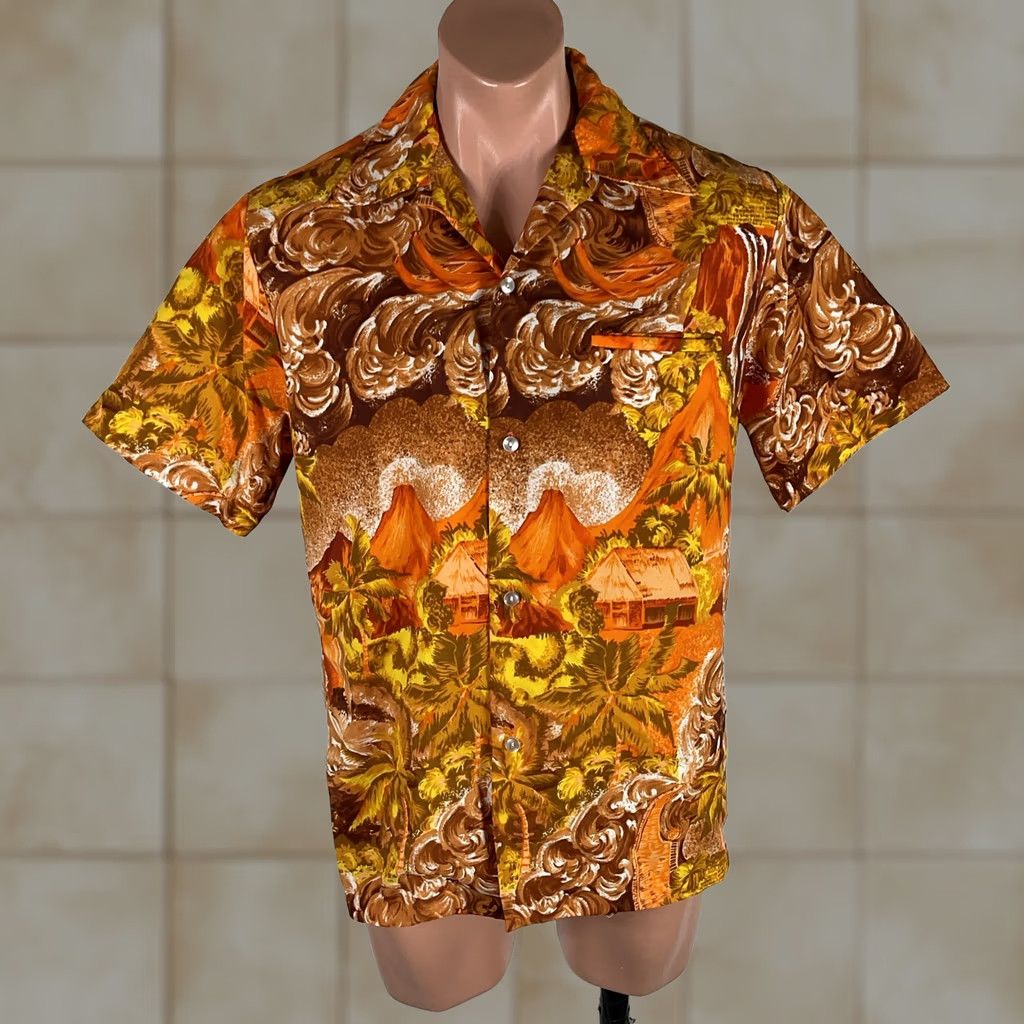 ALOHAS VTG 70s Kolekole Short Sleeve Aloha Hawaiian Burnt orange M Shirt Mens Size US 31 - 1 Thumbnail