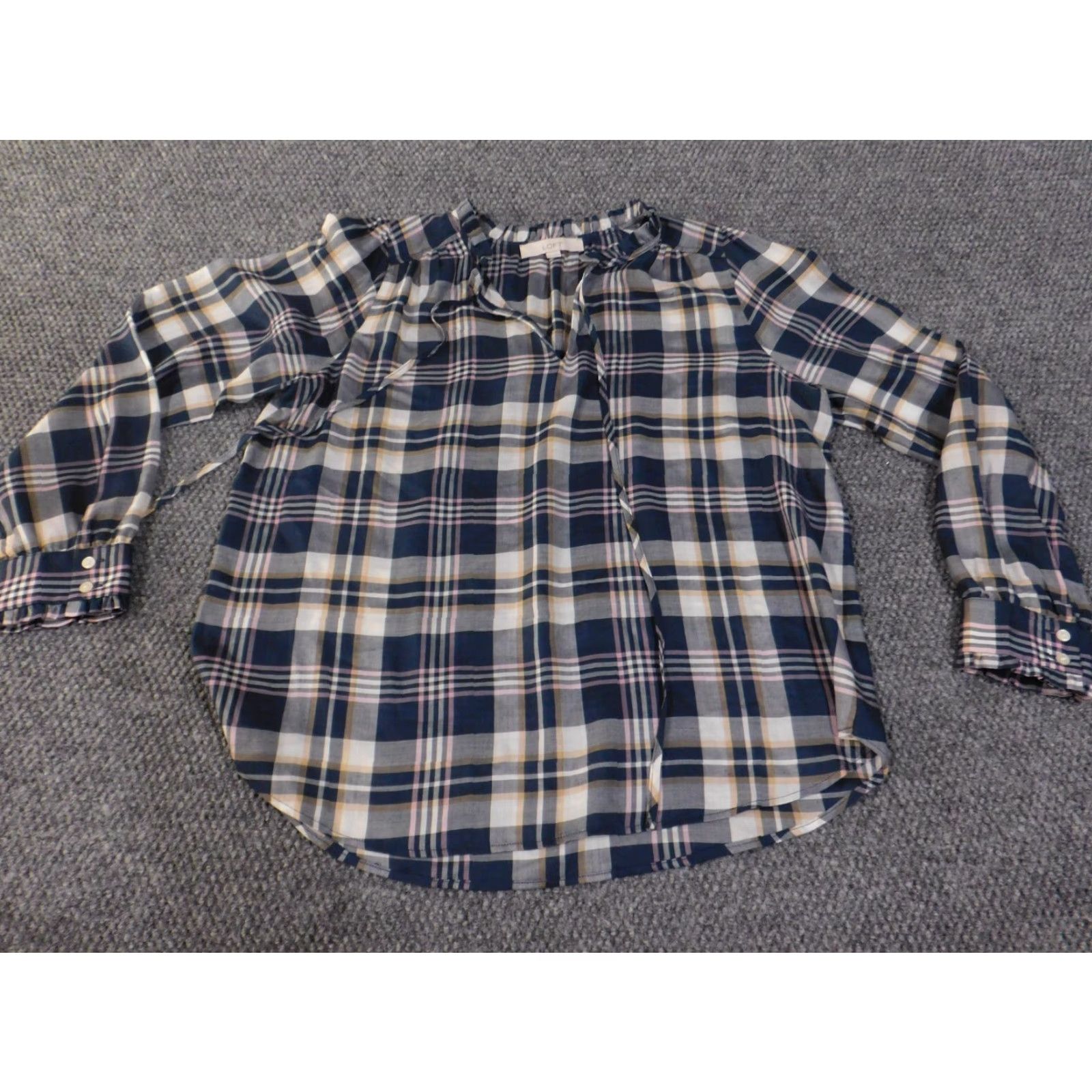 Ann Taylor Loft Ann Taylor Loft Blue Plaid Blouse M Women Lyocell Woven Pullover Casual Ruffle Long Sleeve Collared Denim Colorful Basic Size M / US 6-8 / IT 42-44 - 5 Thumbnail