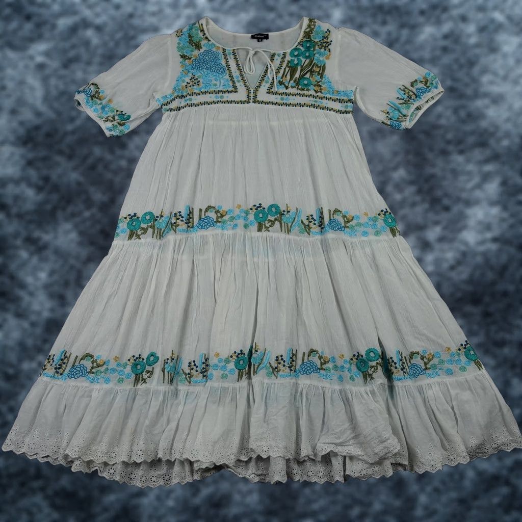 IOLANI Tolani Dress Womens Medium White Embroidered Floral Kaftan Puff Sleeve Midi VTG Size M / US 6-8 / IT 42-44 - 1 Thumbnail