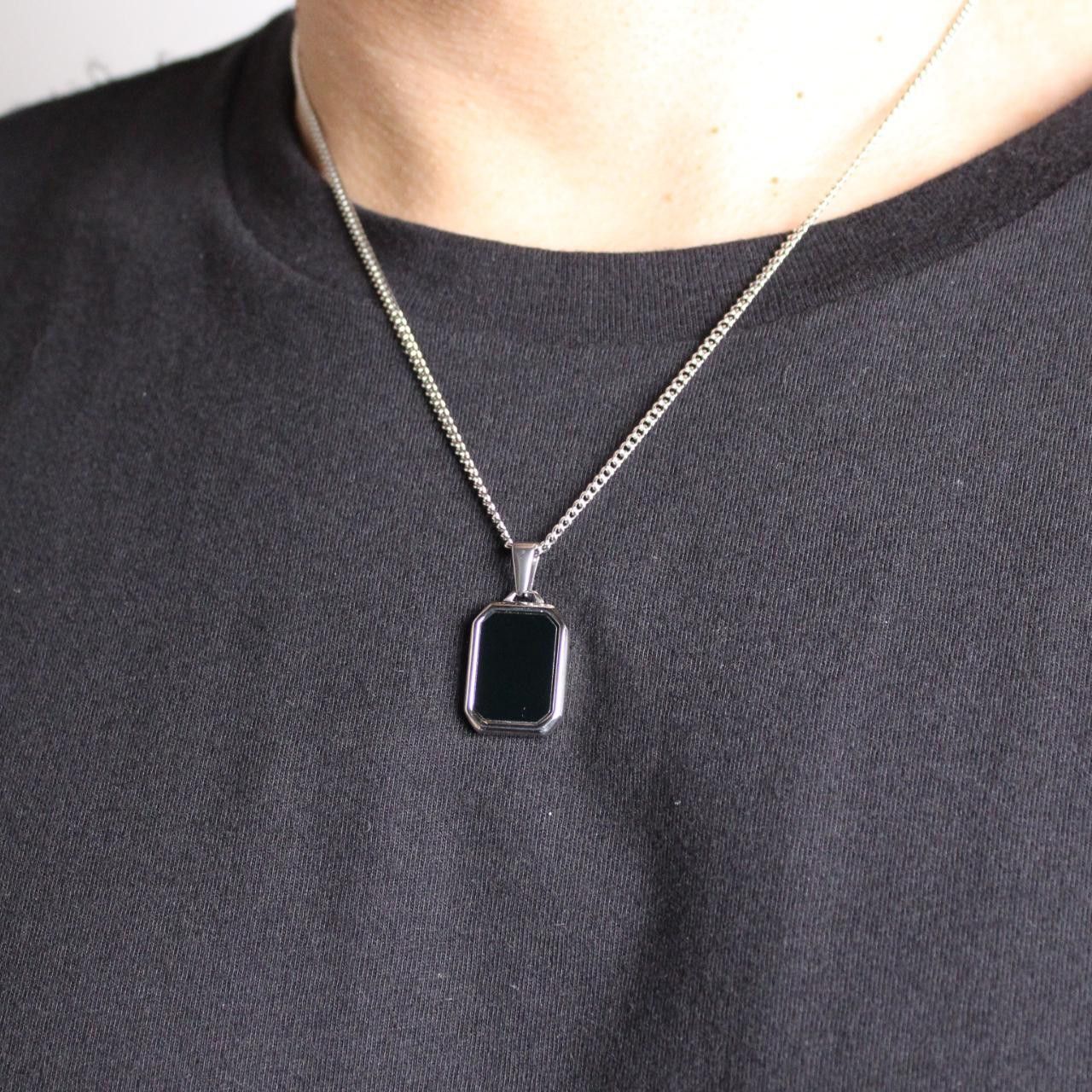 Jewelry Silver Onyx Pendant Chain Necklace Size ONE SIZE - 2 Thumbnail