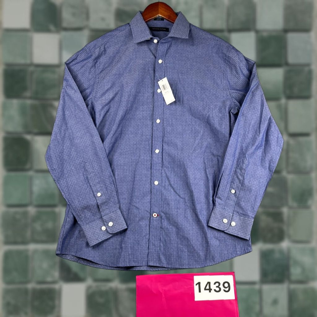 Tommy Hilfiger Shirt Blue Casual Button-Up Long Sleeve Mens M Dot Pattern Regular Fit